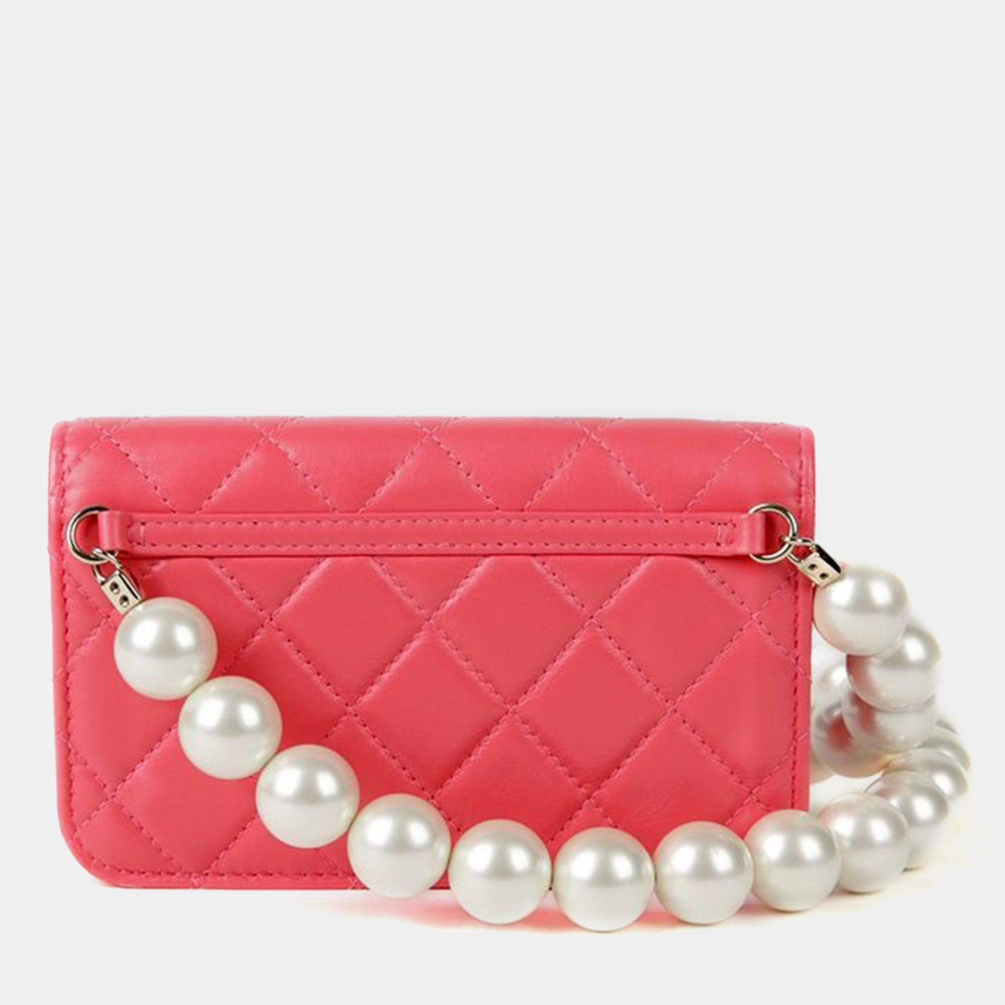 Chanel Pink Lambskin Leather Pearl Strap Mini Wallet on Chain 