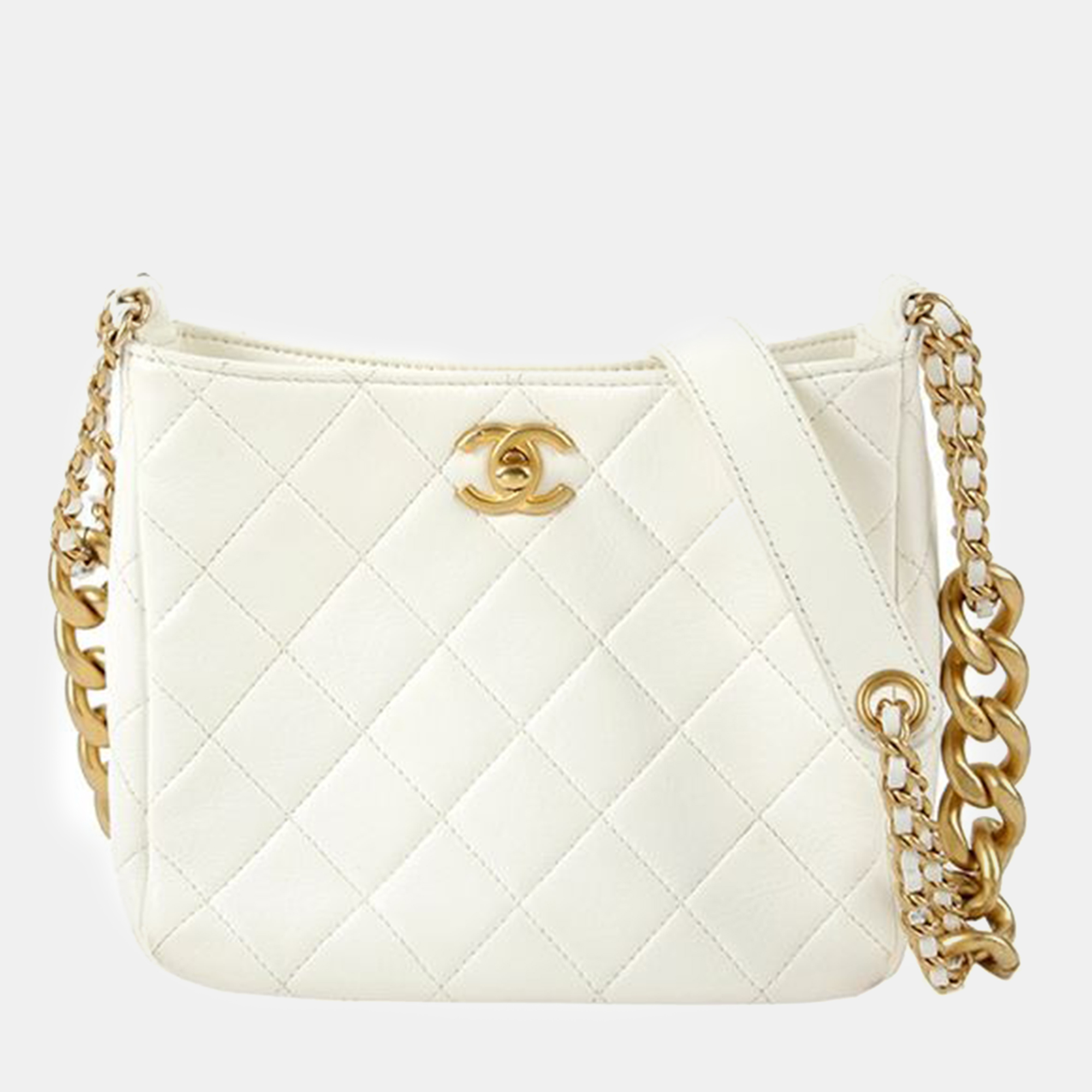 

Chanel White Leather Cc Logo Hobo Chain Shoulder And Crossbag