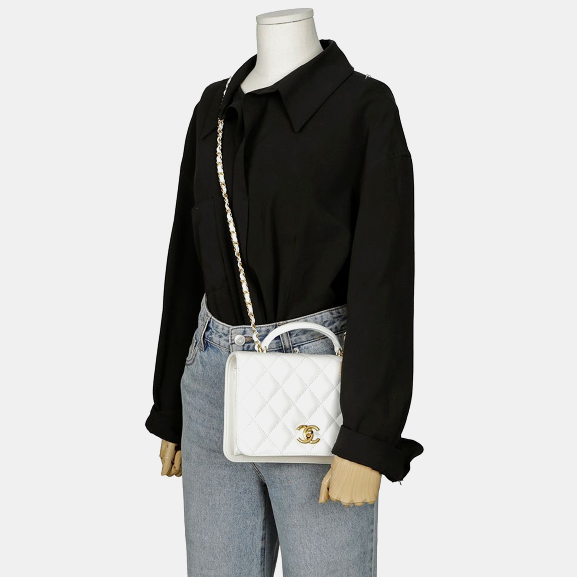 Chanel White Caviar Leather Small Top Handle Bag 