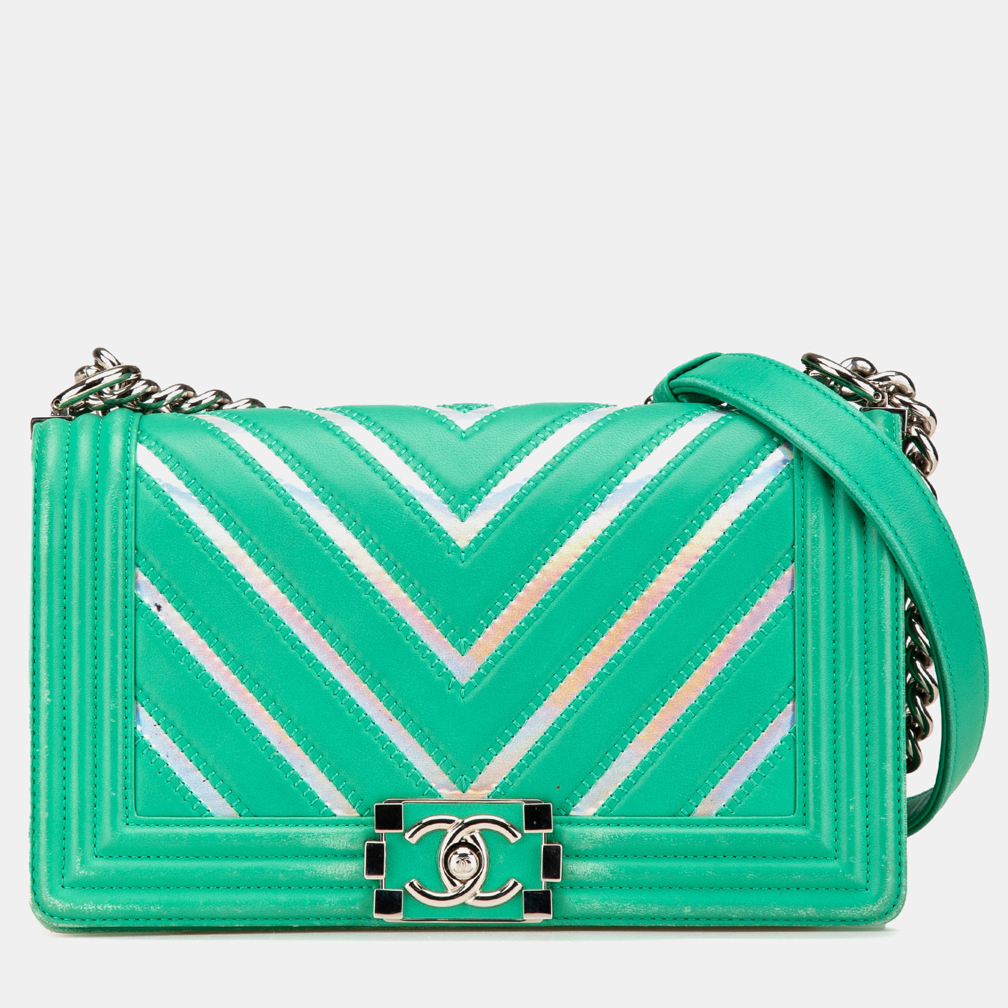 

Chanel Green Chevron Lambskin and Iridescent Medium PVC Boy Flap Bag