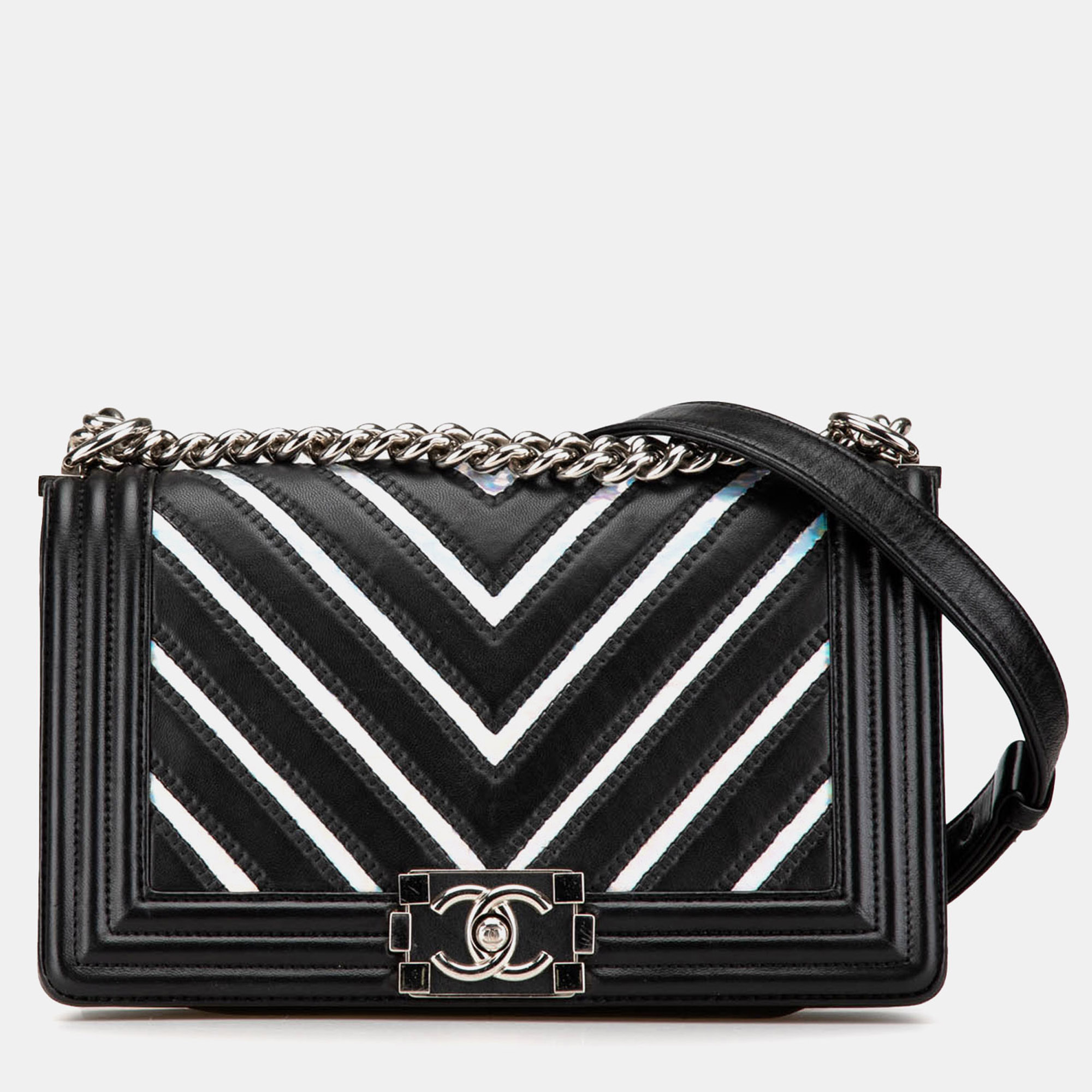 

Chanel Black Lambskin and Iridescent PVC Medium Chevron Boy Flap Bag