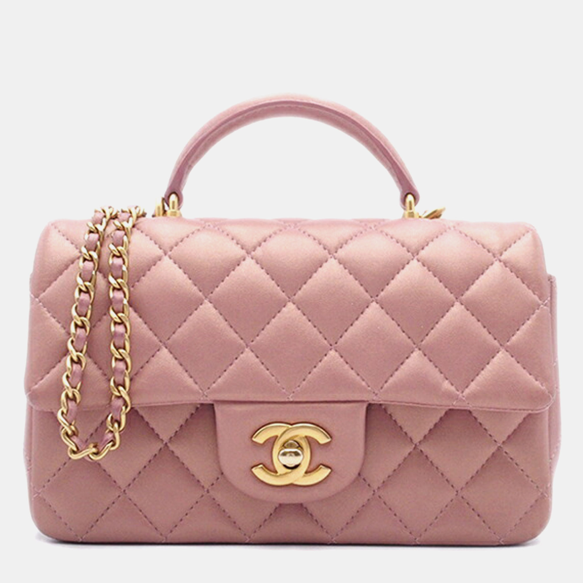 

Chanel Pink Rectangular Iridescent Lambskin Mini Top Handle Flap Bag