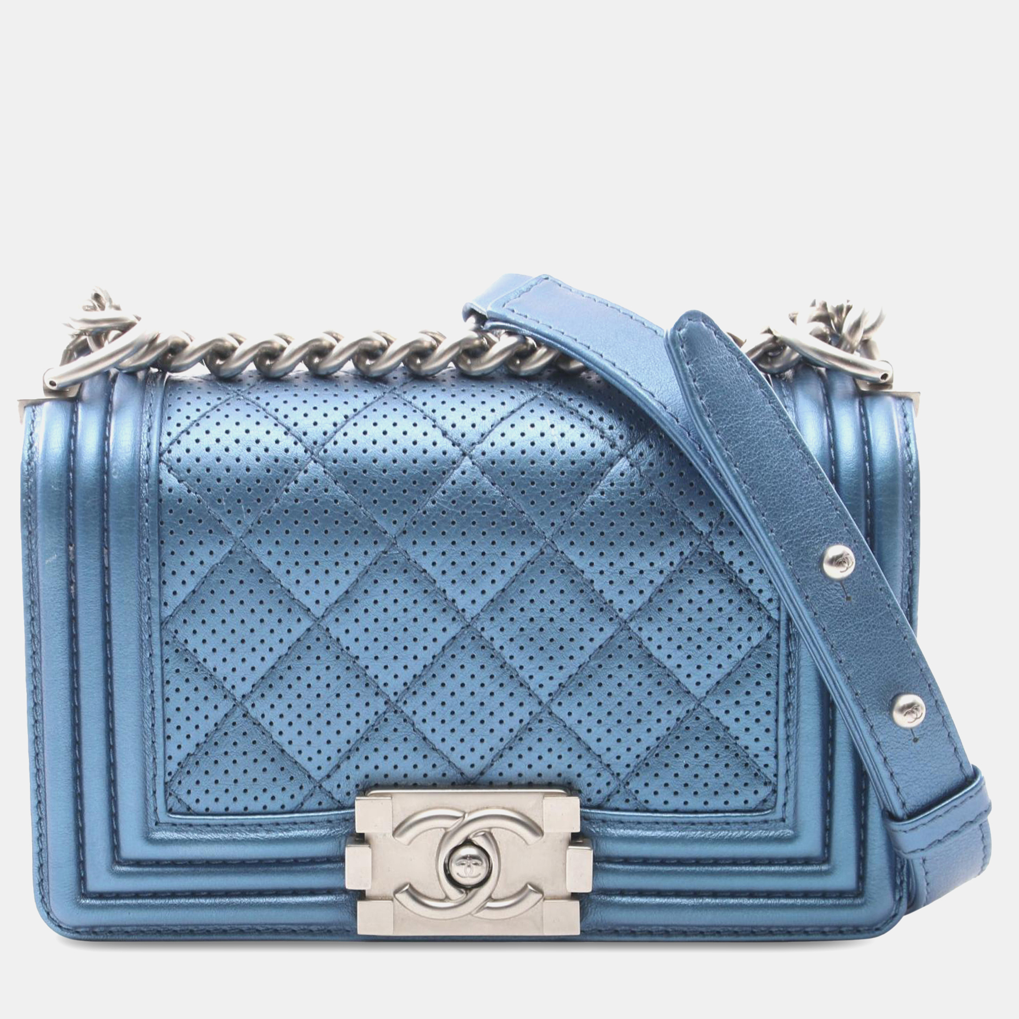 

Chanel Blue Quilted Perforated Metallic Lambskin Small Boy Flap Bag