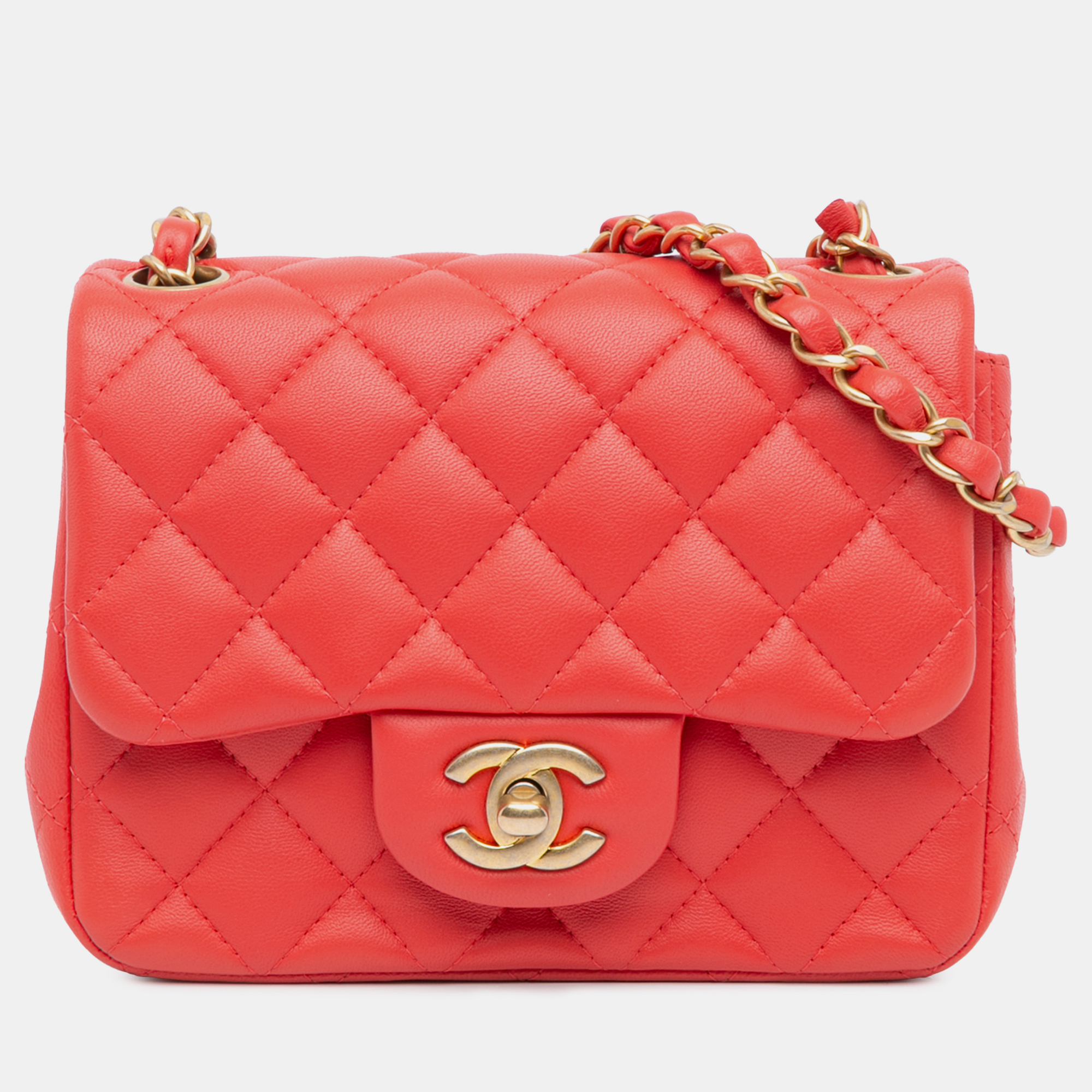 

Chanel Red Mini Square Classic Lambskin Single Flap