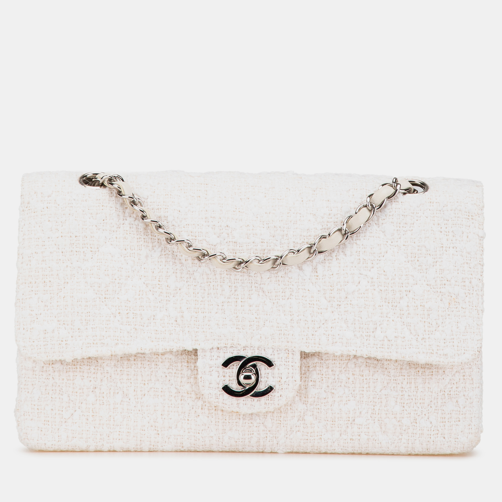 

Chanel White Medium Classic Tweed Double Flap Bag