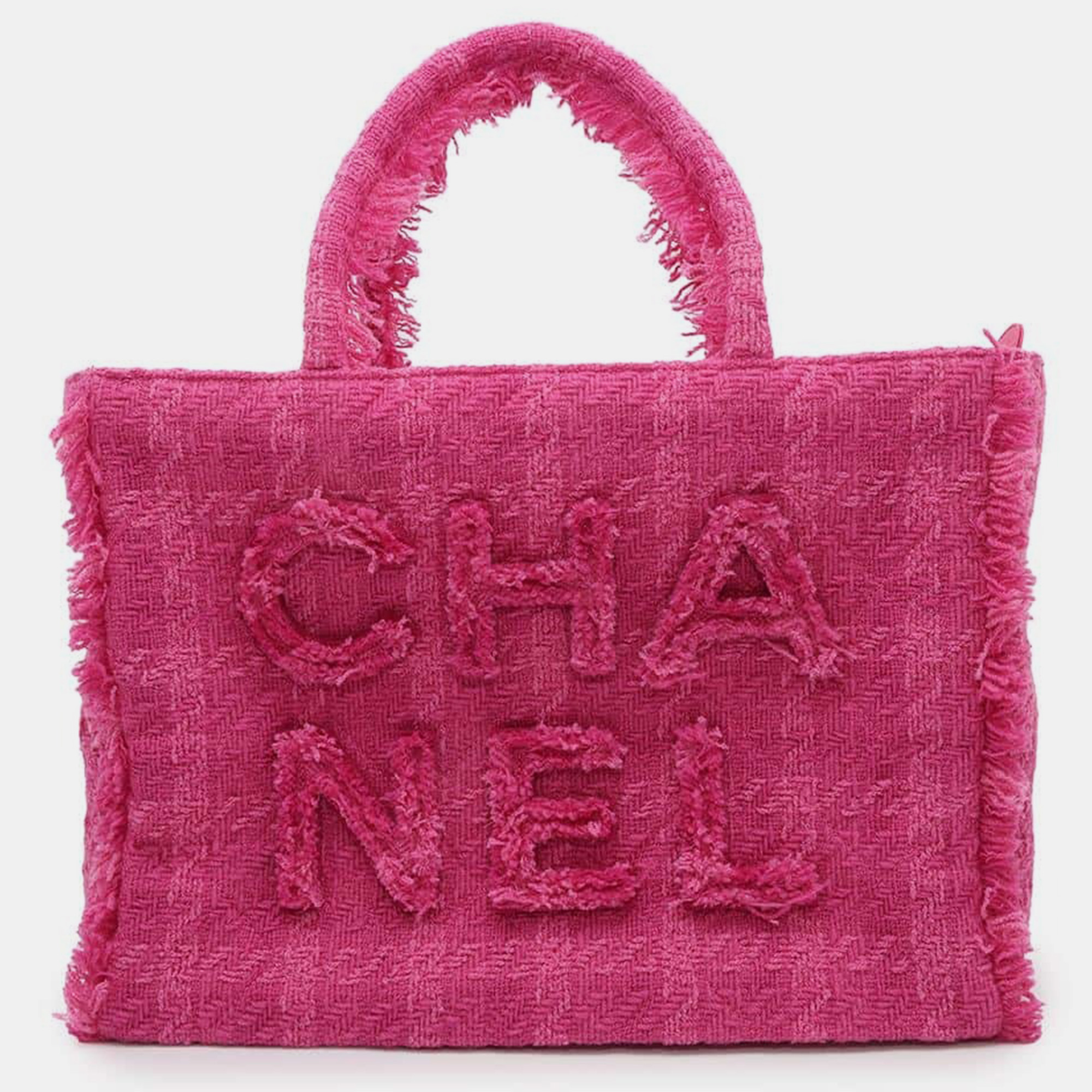 

Chanel Pink Tweed Large Logo Zip Shopping Tote Bag