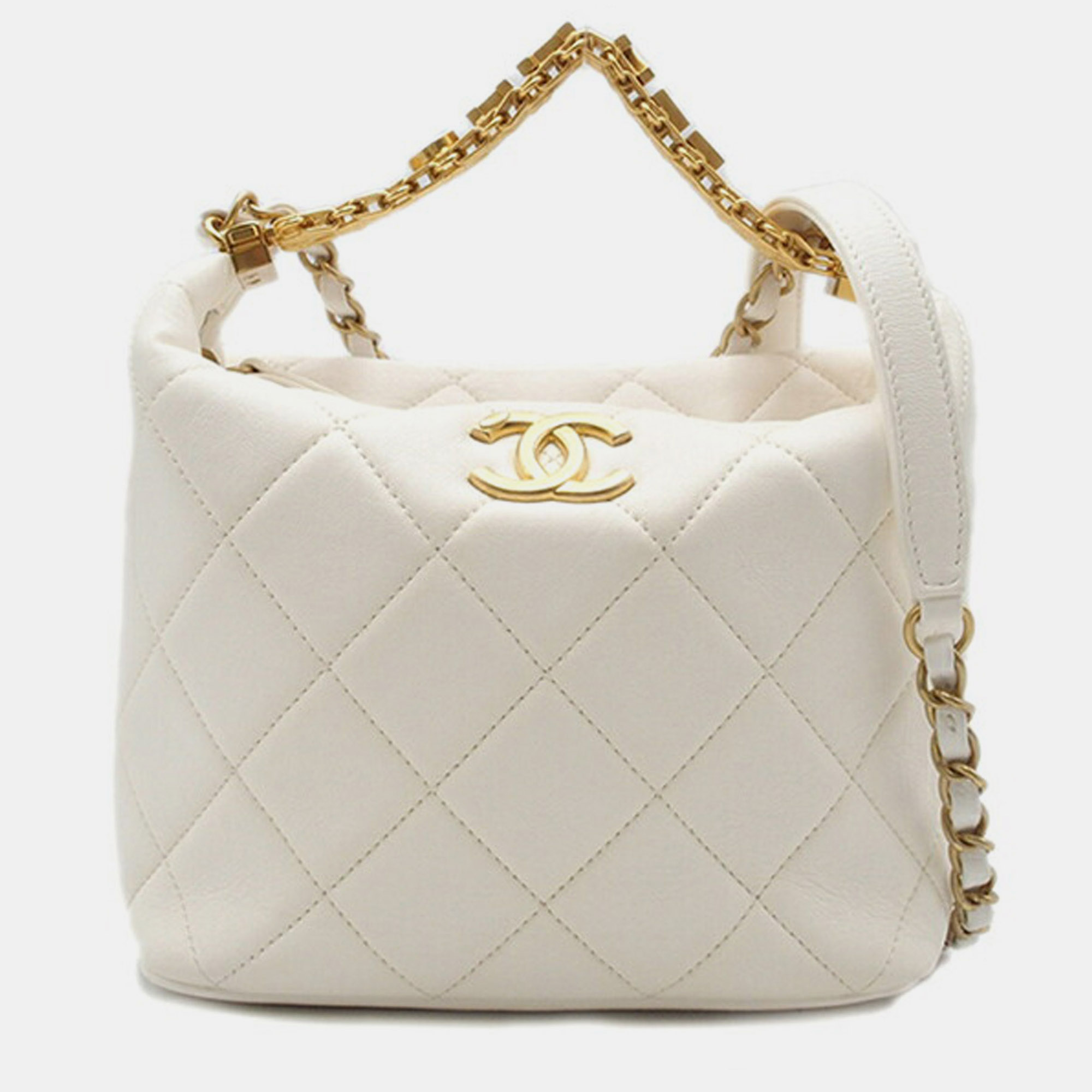 

Chanel White Quilted Lambskin CC Crystal Signature Chain Hobo