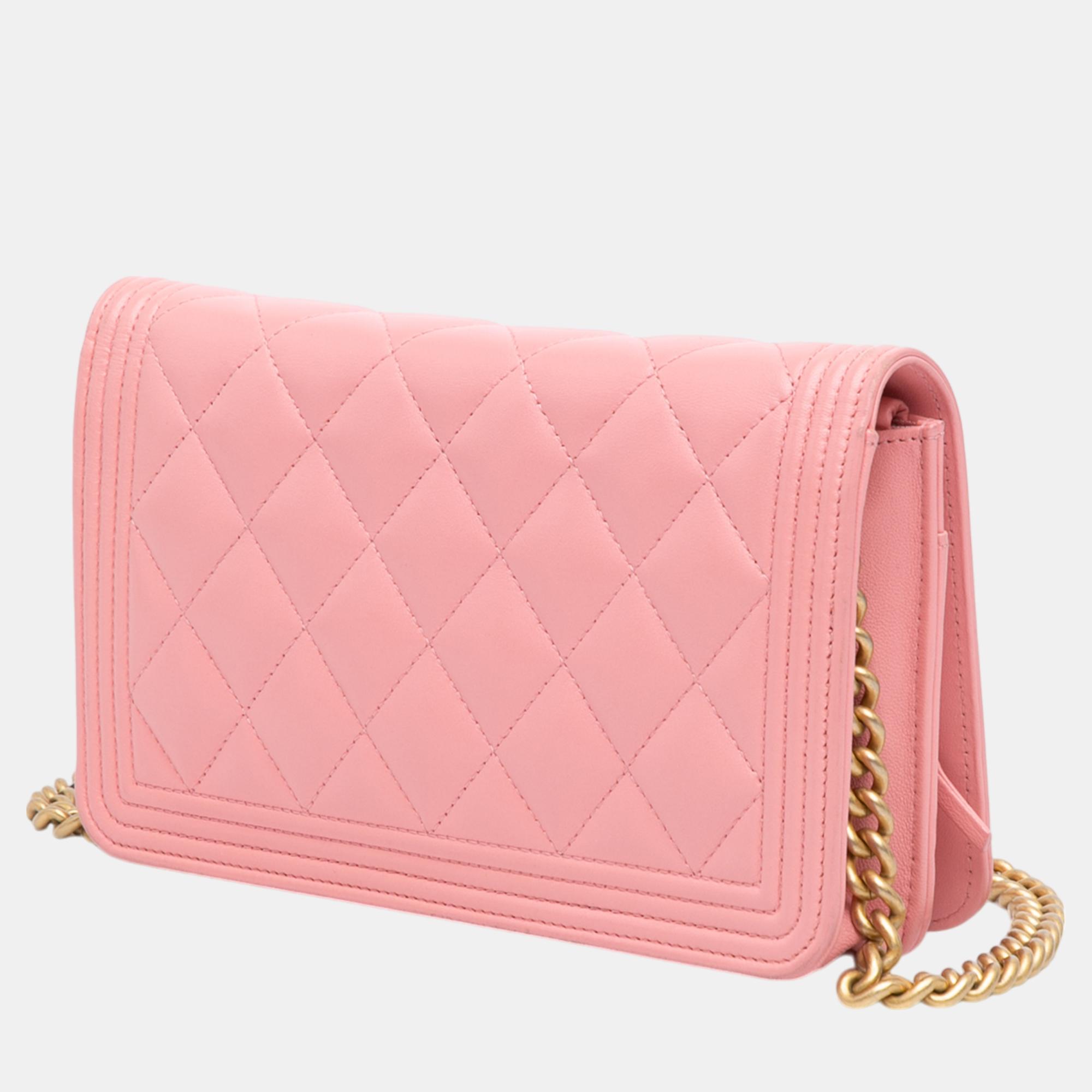 Chanel Pink Lambskin Boy Wallet On Chain 