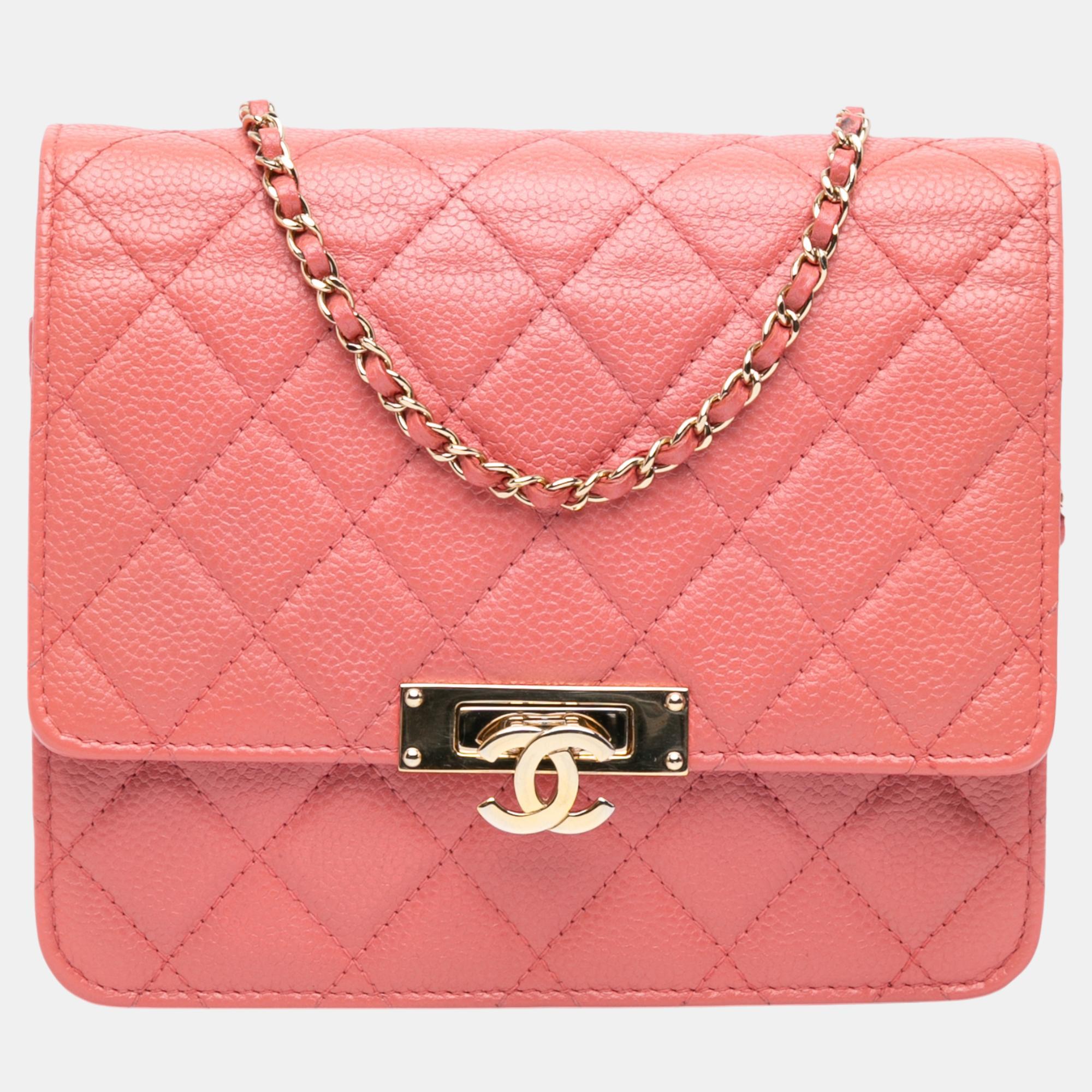 

Chanel Pink Chanel Black Quilted Caviar Golden Class Wallet On Chain