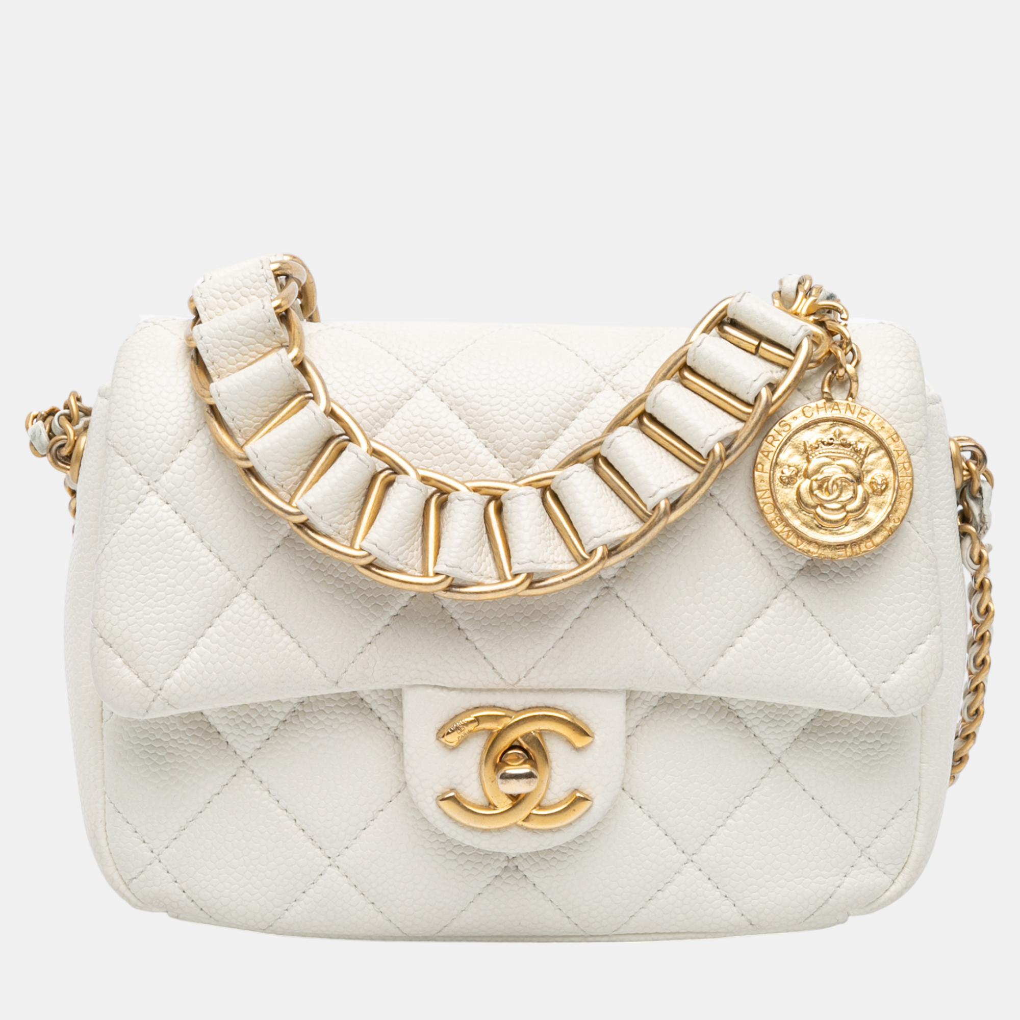 

Chanel White Small Quilted Caviar Twist Your Buttons Flap