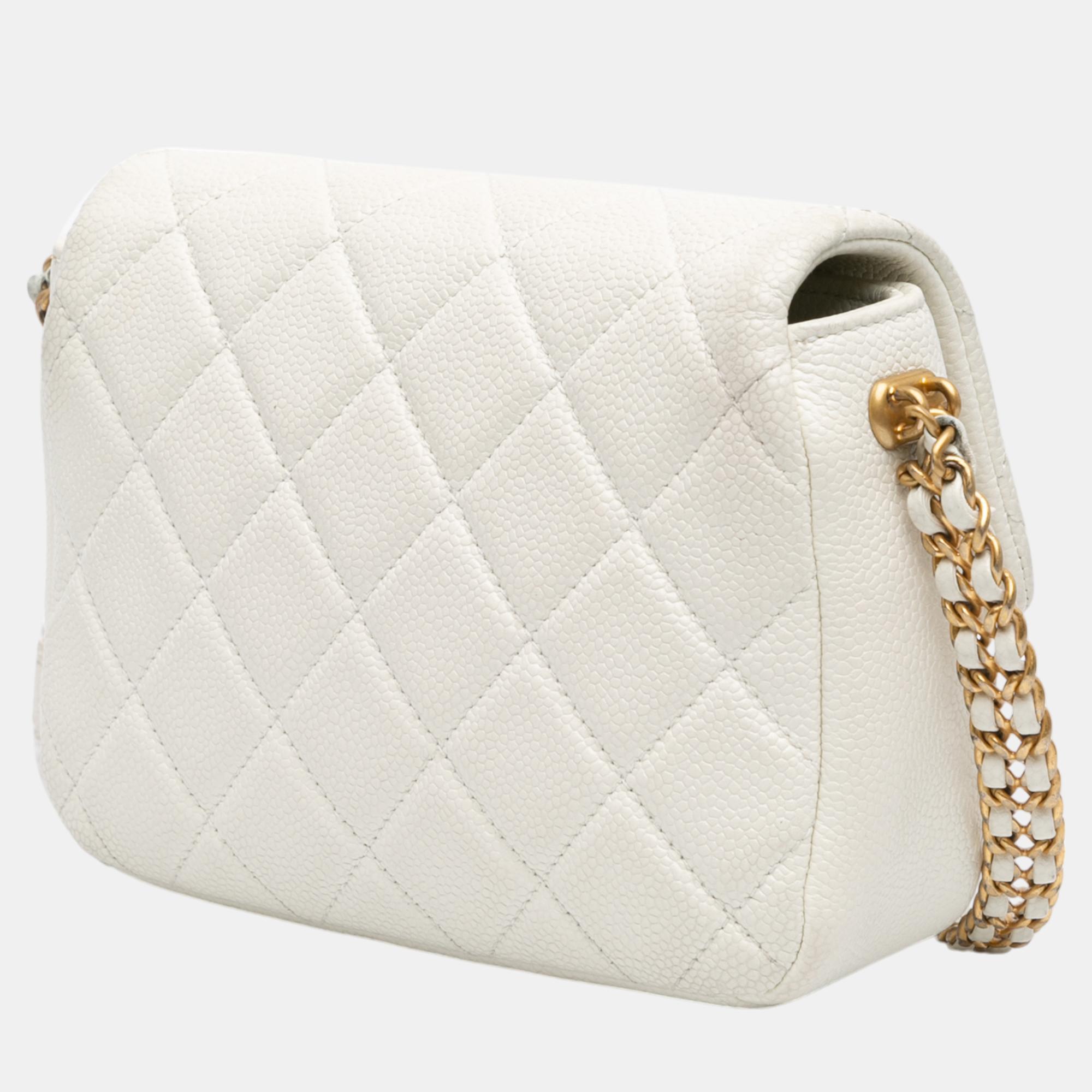 Chanel White Small Quilted Caviar Twist Your Buttons Flap 