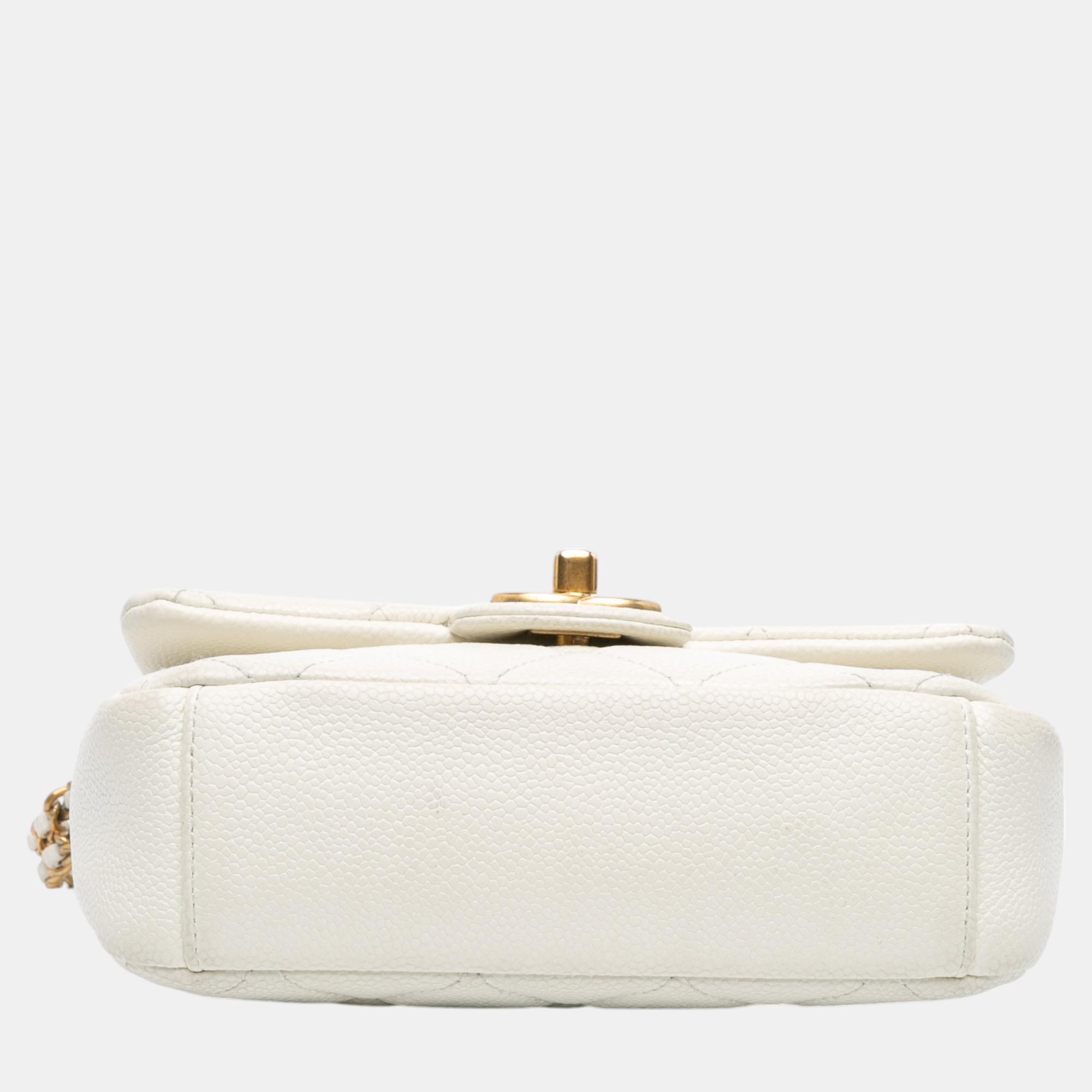Chanel White Small Quilted Caviar Twist Your Buttons Flap 