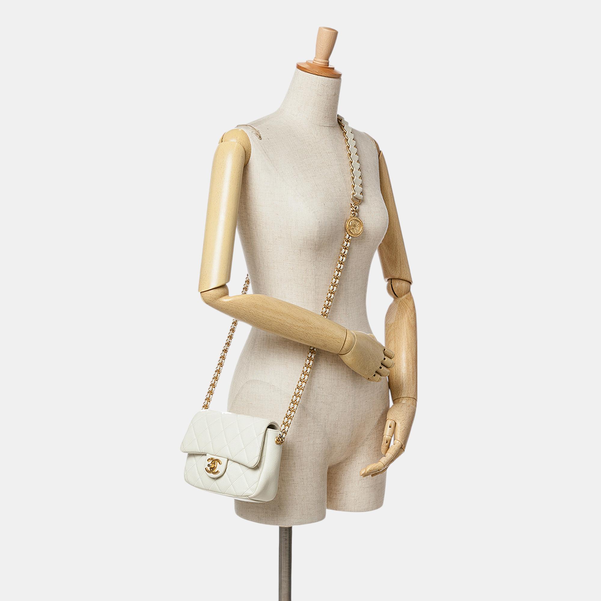 Chanel White Small Quilted Caviar Twist Your Buttons Flap 