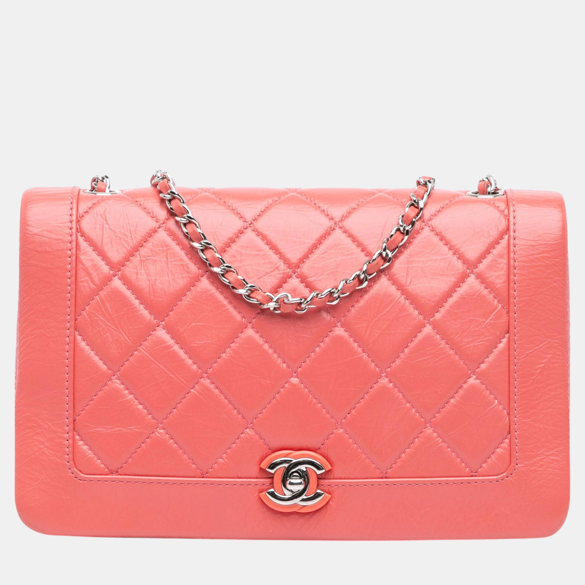 

Chanel Pink Crumpled Calfskin Bi Quilted Vintage Full Flap