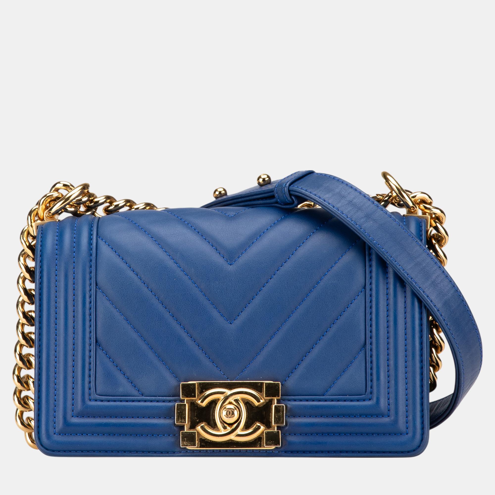 

Chanel Blue Small Chevron Lambskin Boy Flap