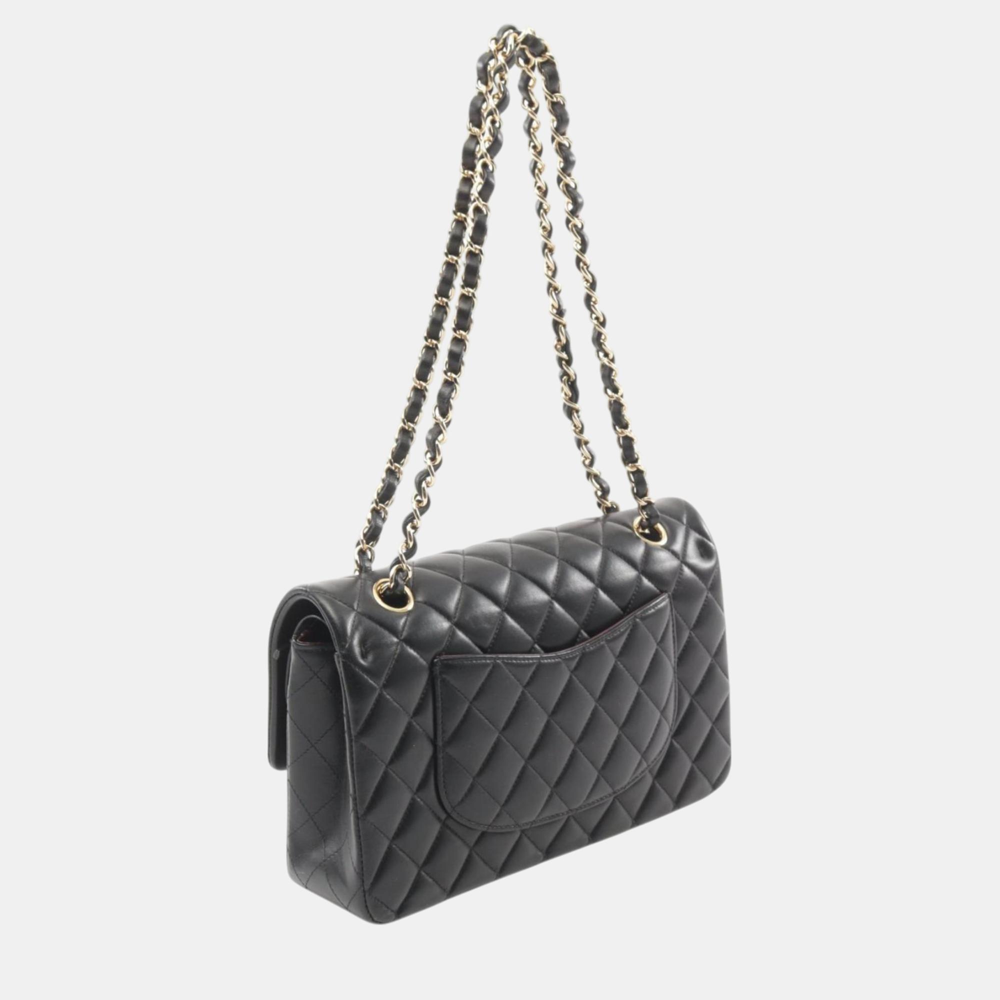 Chanel Black Leather Double Flap Shoulder Bag 