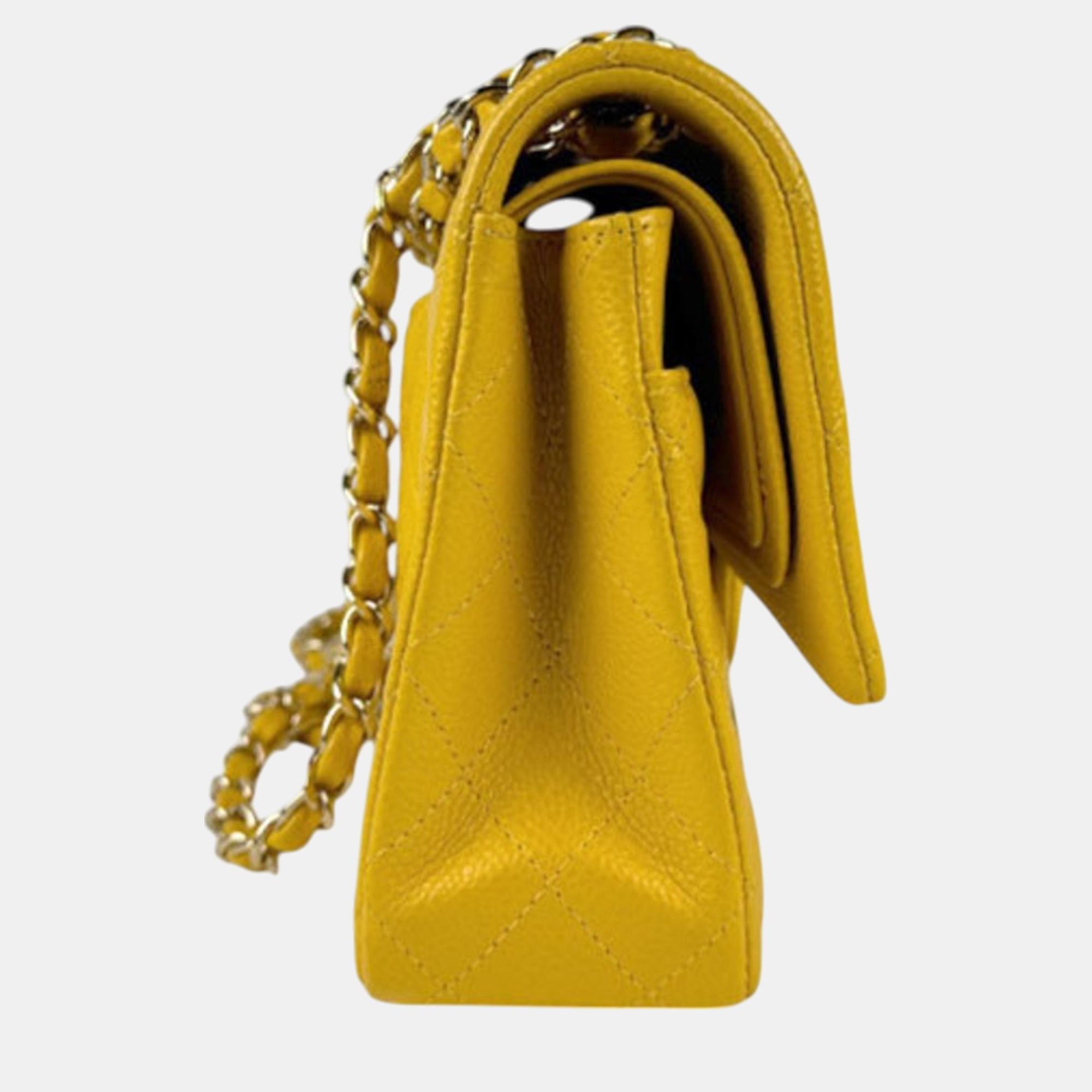 Chanel Yellow Caviar Leather Double Flap Shoulder Bag 