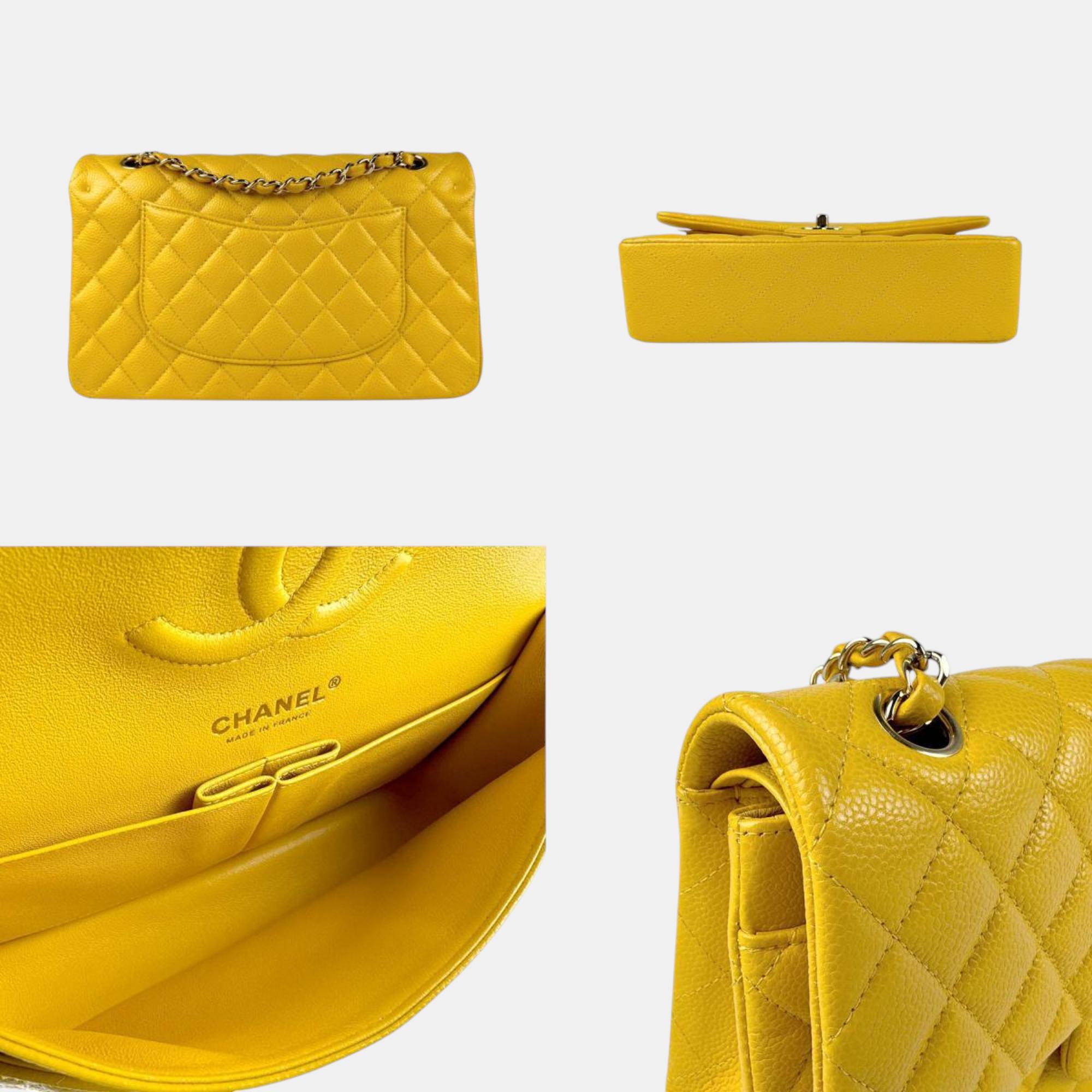 Chanel Yellow Caviar Leather Double Flap Shoulder Bag 