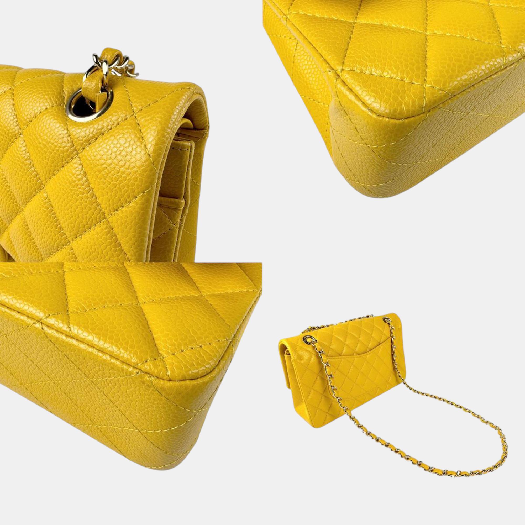 Chanel Yellow Caviar Leather Double Flap Shoulder Bag 