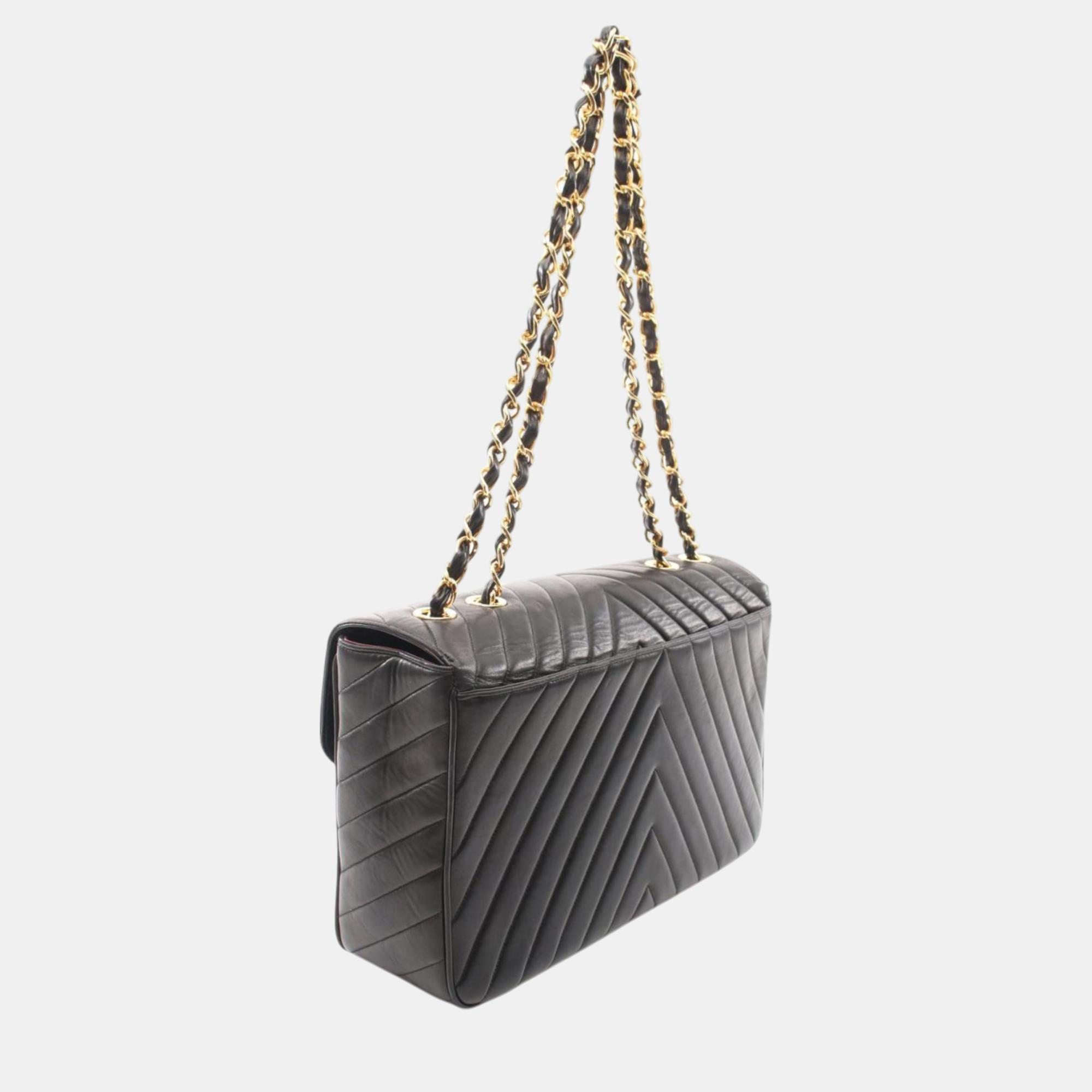 Chanel Black Lambskin Leather Chevron Shoulder Bag 