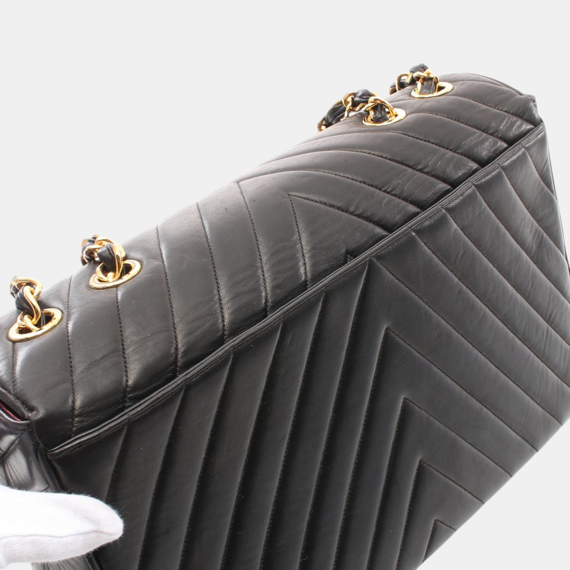 Chanel Black Lambskin Leather Chevron Shoulder Bag 