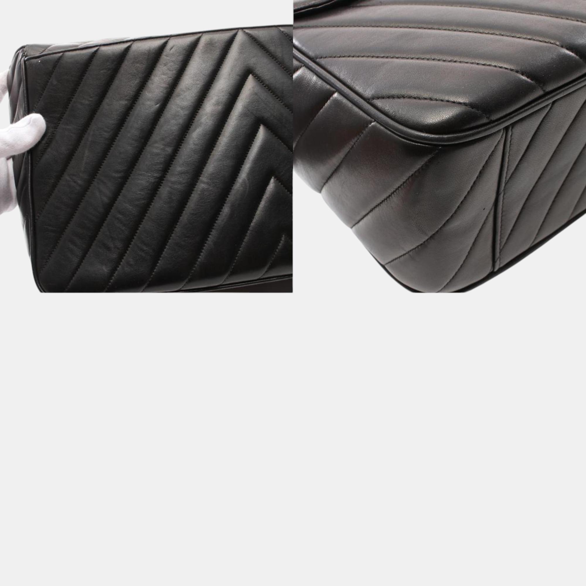 Chanel Black Lambskin Leather Chevron Shoulder Bag 