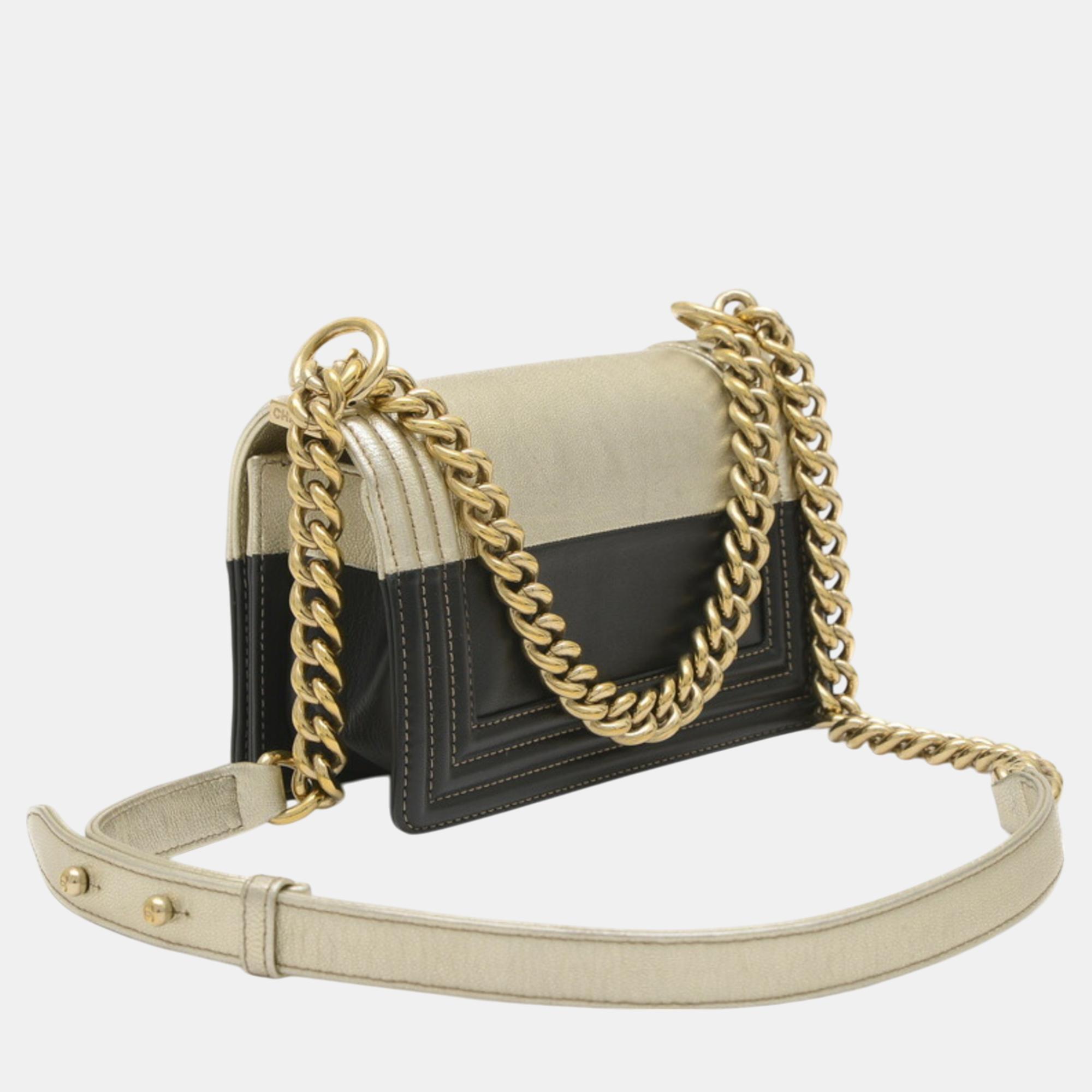Chanel Black/Gold Lambskin Leather Boy Chain Shoulder Bag 