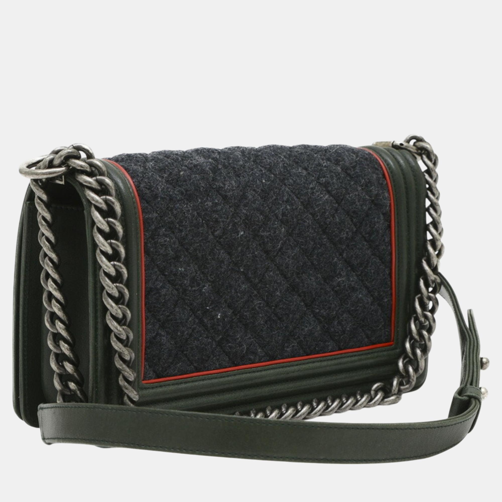 Chanel Gray/Green Wool Leather Boy Chain Shoulder Bag 