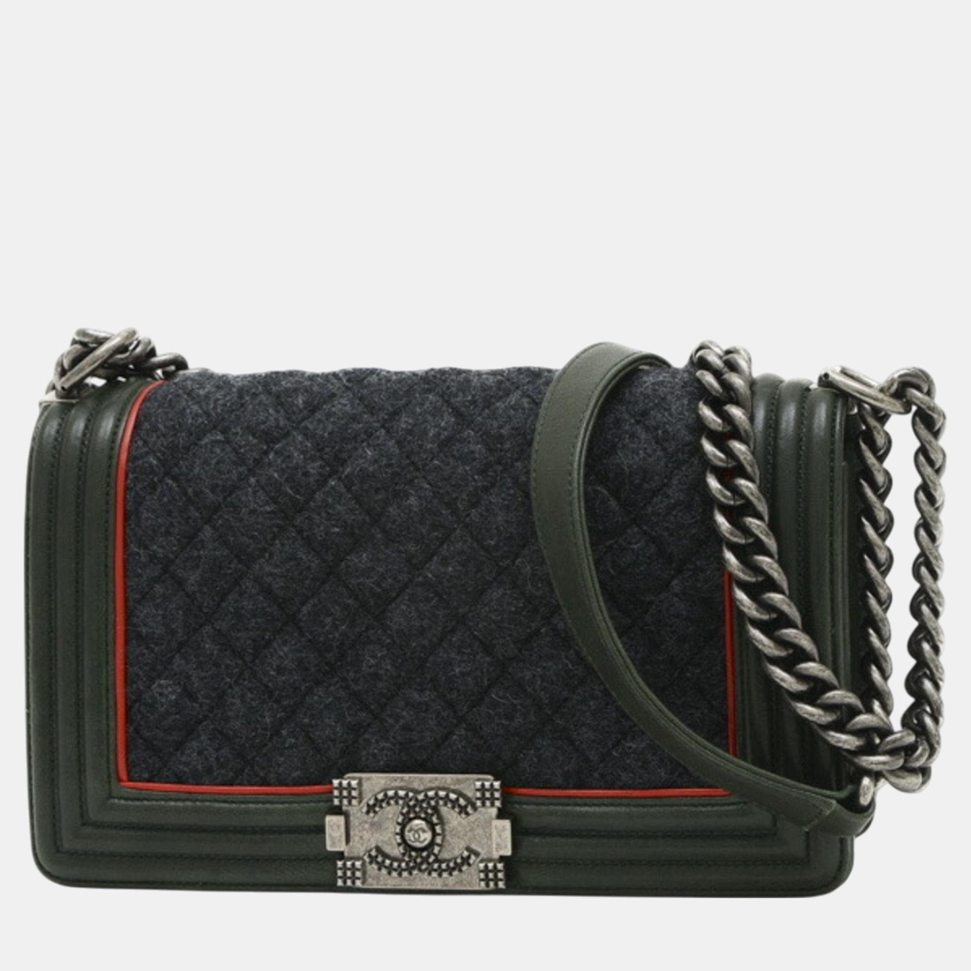 

Chanel Boy Chain Shoulder Bag Wool Leather Gray Green