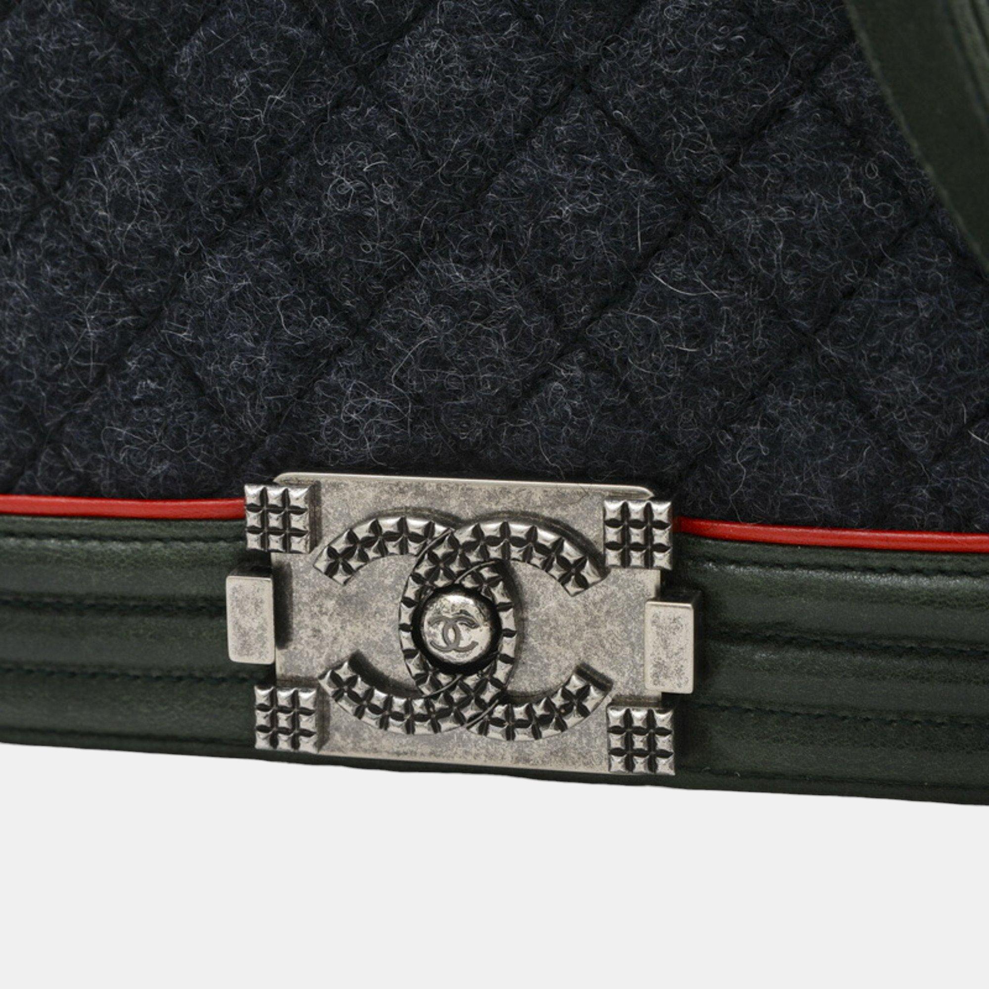 Chanel Gray/Green Wool Leather Boy Chain Shoulder Bag 
