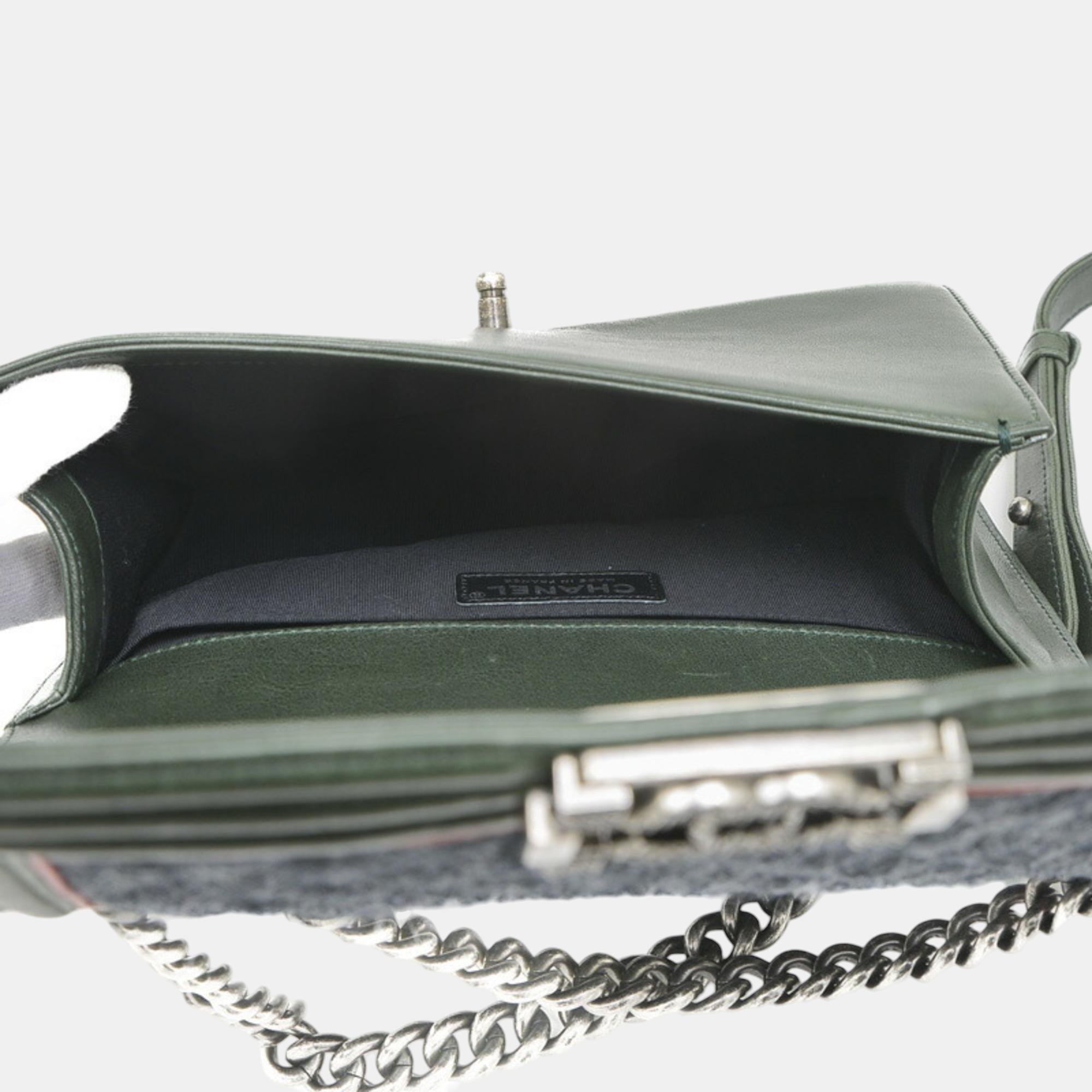 Chanel Gray/Green Wool Leather Boy Chain Shoulder Bag 