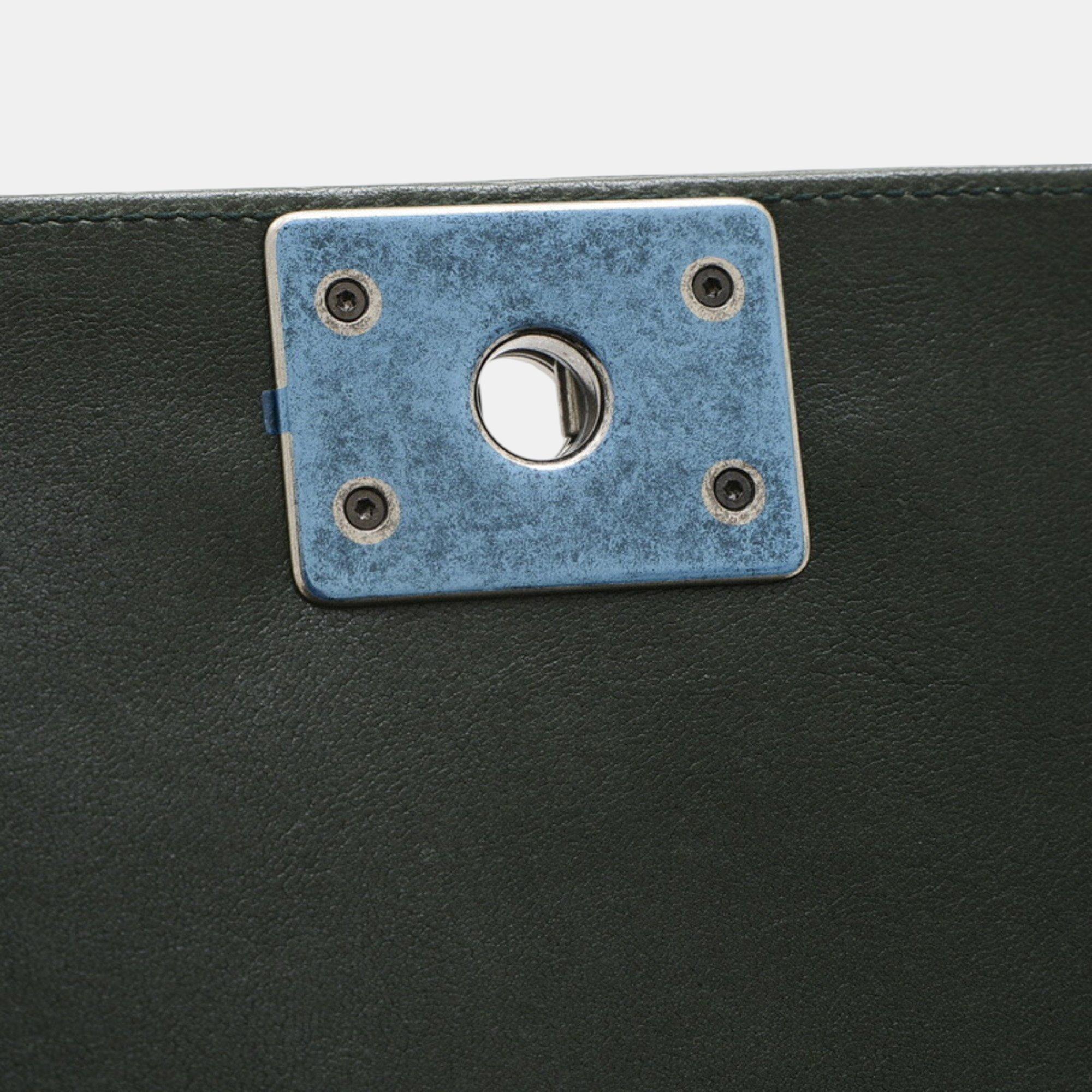 Chanel Gray/Green Wool Leather Boy Chain Shoulder Bag 