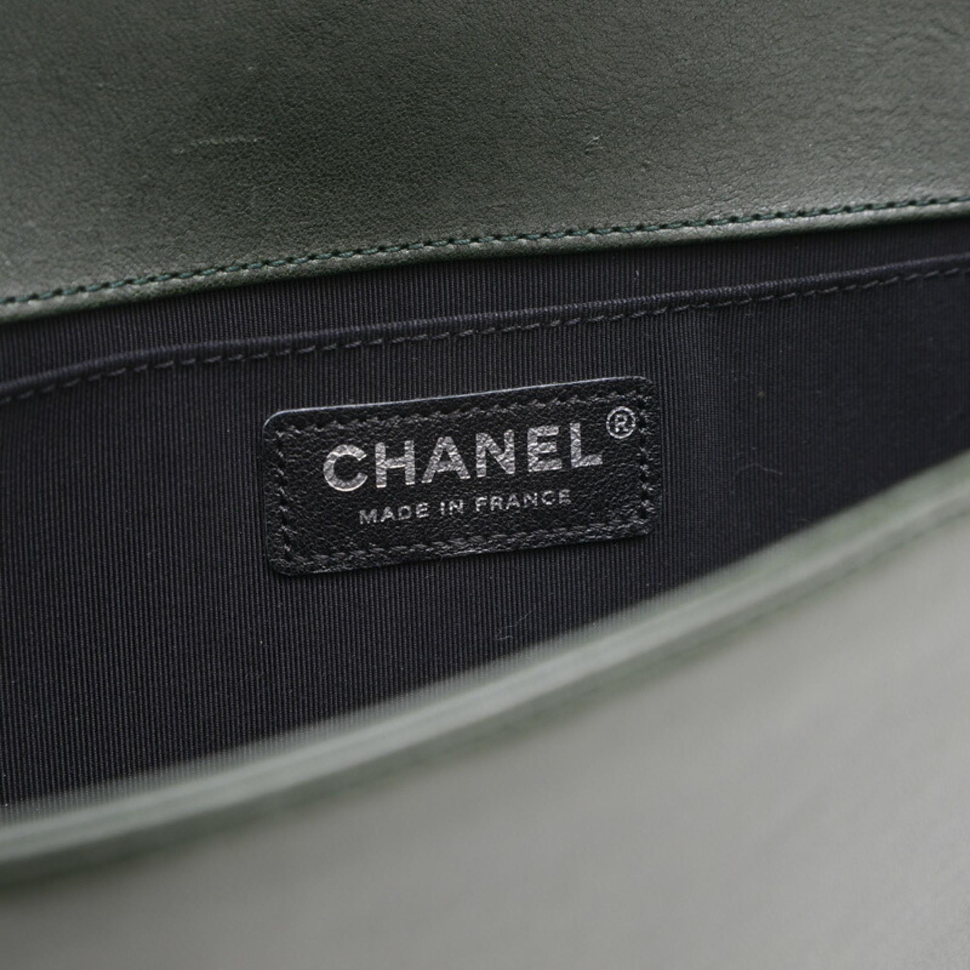Chanel Gray/Green Wool Leather Boy Chain Shoulder Bag 