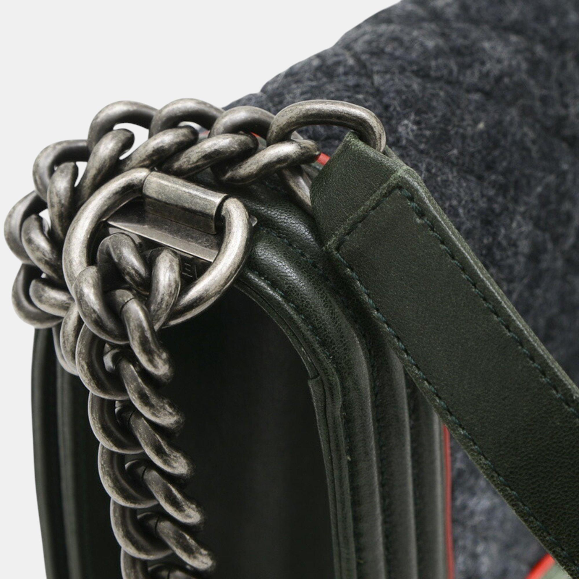 Chanel Gray/Green Wool Leather Boy Chain Shoulder Bag 