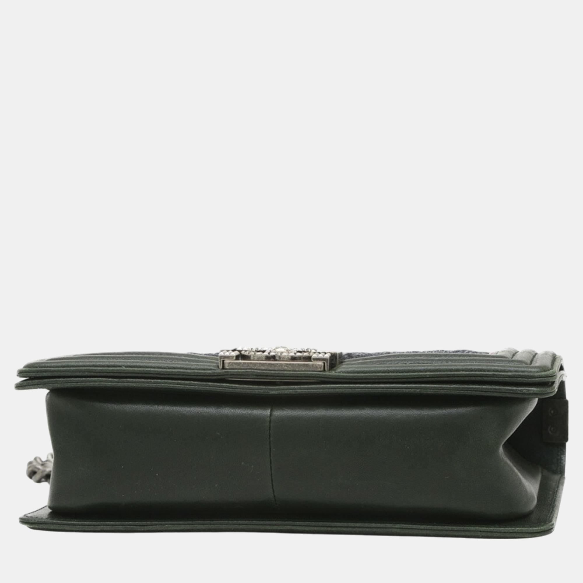 Chanel Gray/Green Wool Leather Boy Chain Shoulder Bag 