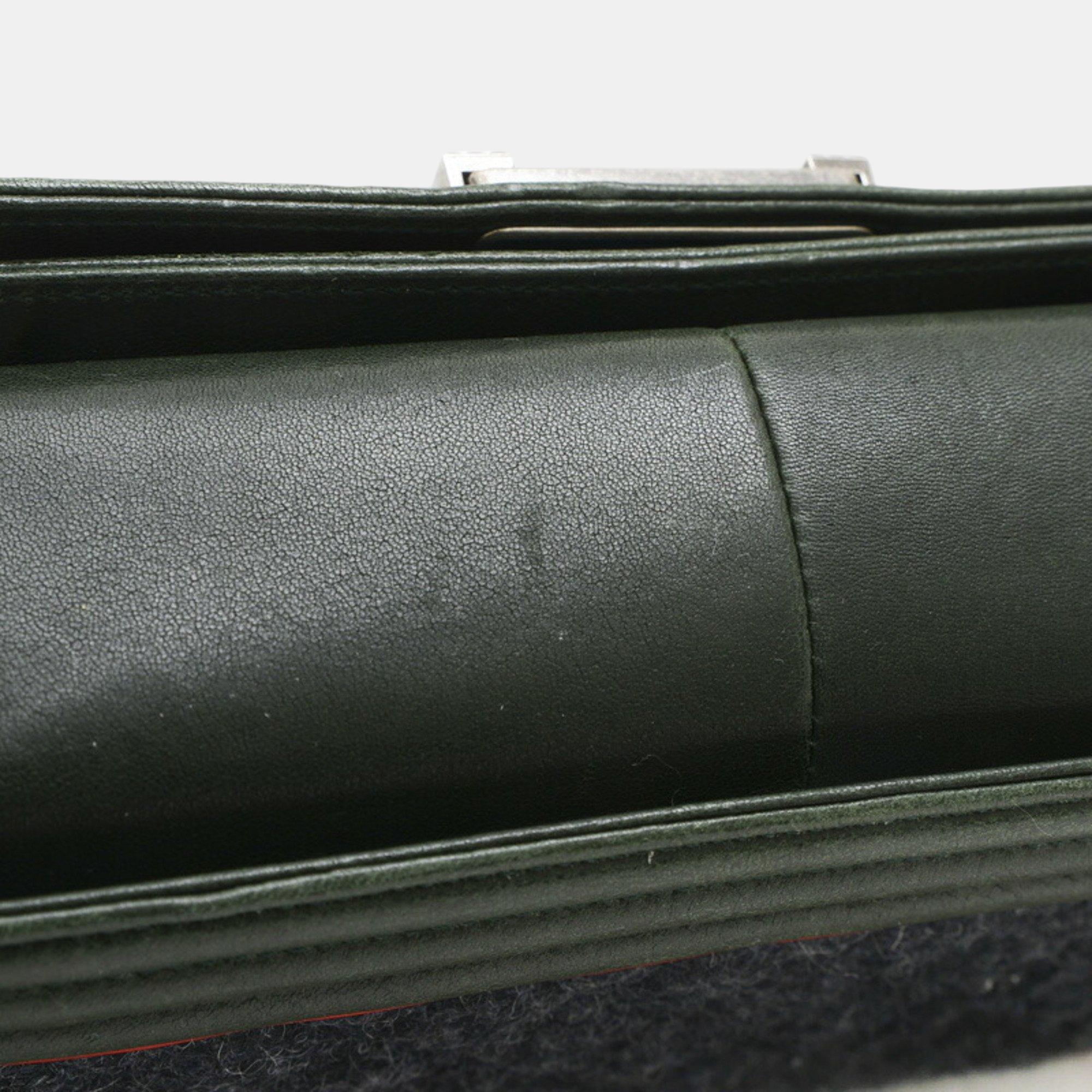Chanel Gray/Green Wool Leather Boy Chain Shoulder Bag 