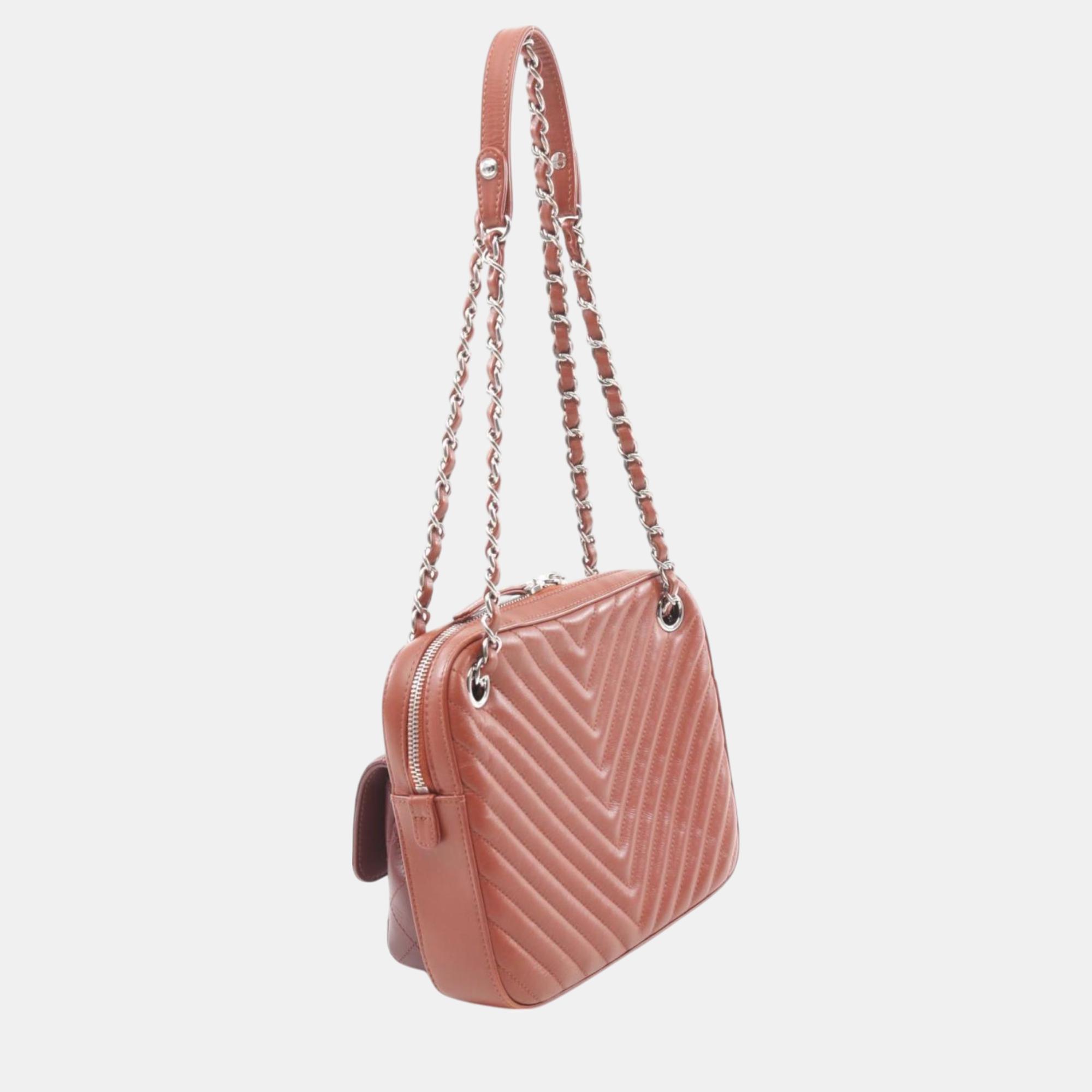 Chanel Brown Leather Chevron Camera Shoulder Bag 