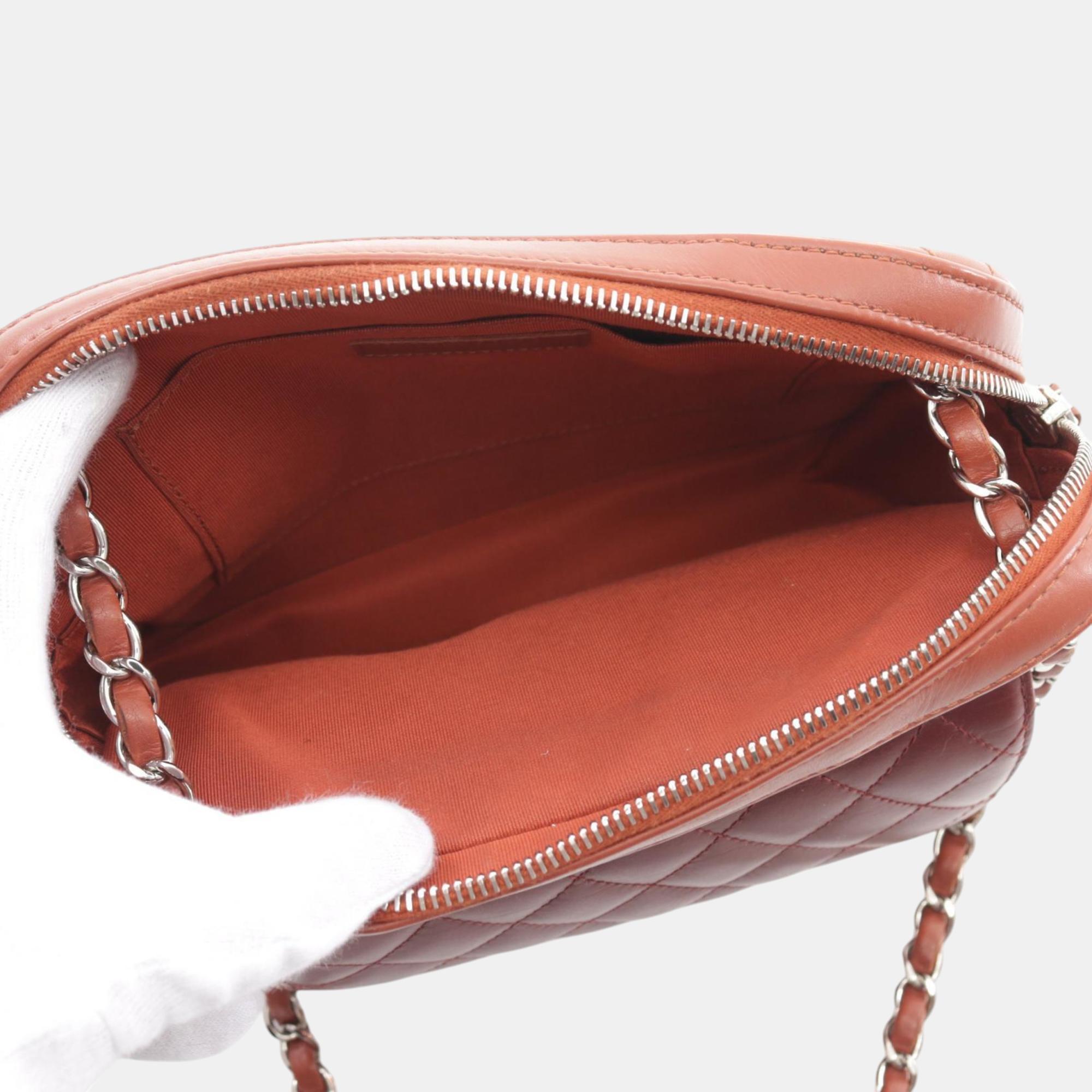 Chanel Brown Leather Chevron Camera Shoulder Bag 