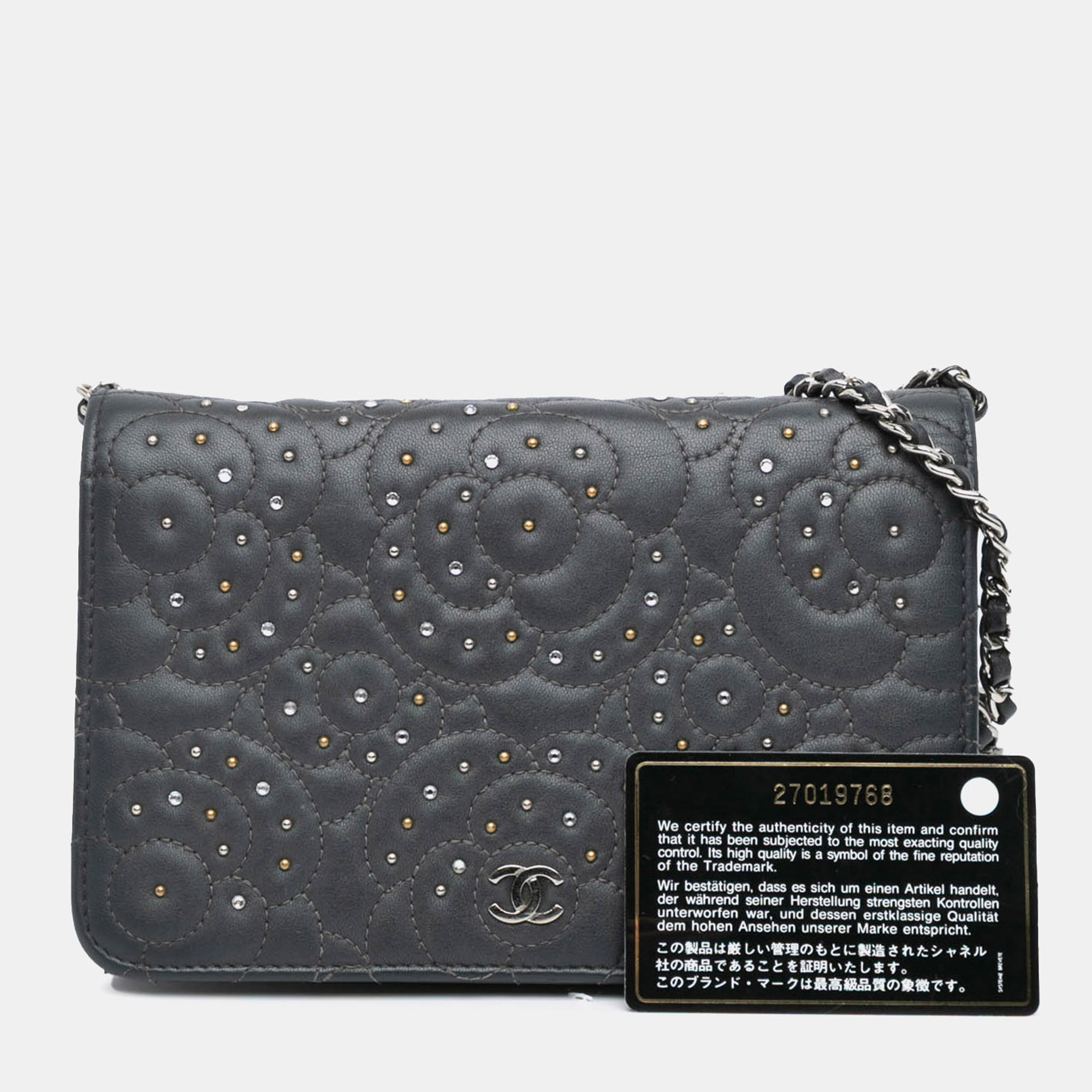 Chanel Black Studded Lambskin Camellia Wallet On Chain 