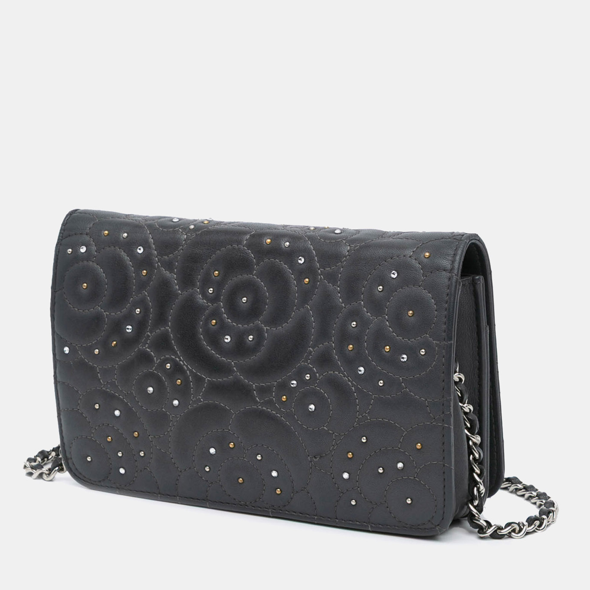 Chanel Black Studded Lambskin Camellia Wallet On Chain 