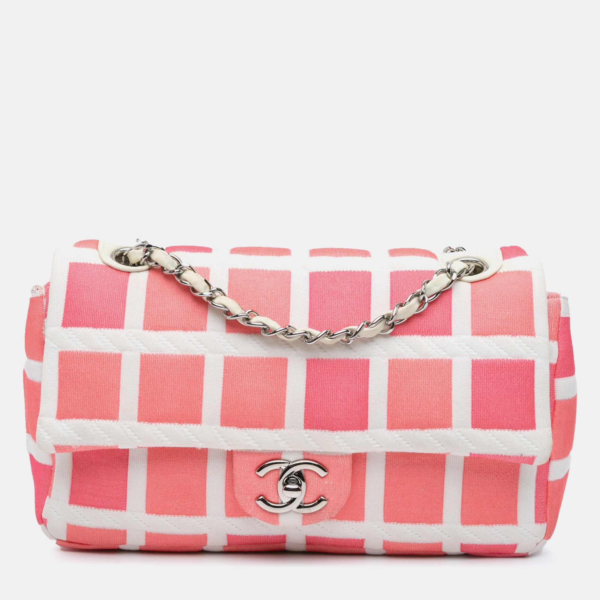 

Chanel Pink White Medium Jersey Grid Flap Bag