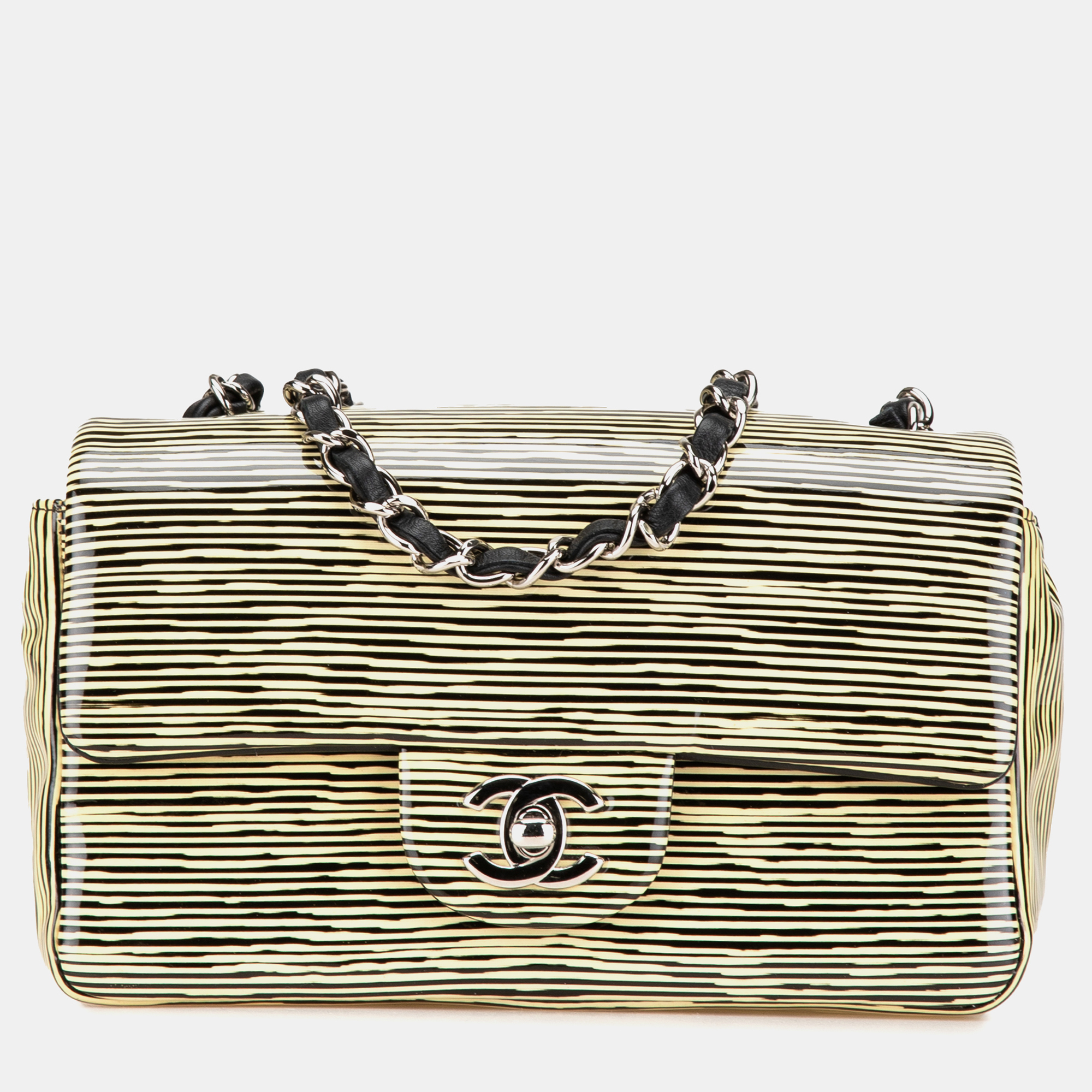 

Chanel Yellow Patent Leather Mini Rectangular Classic Striped Flap Bag