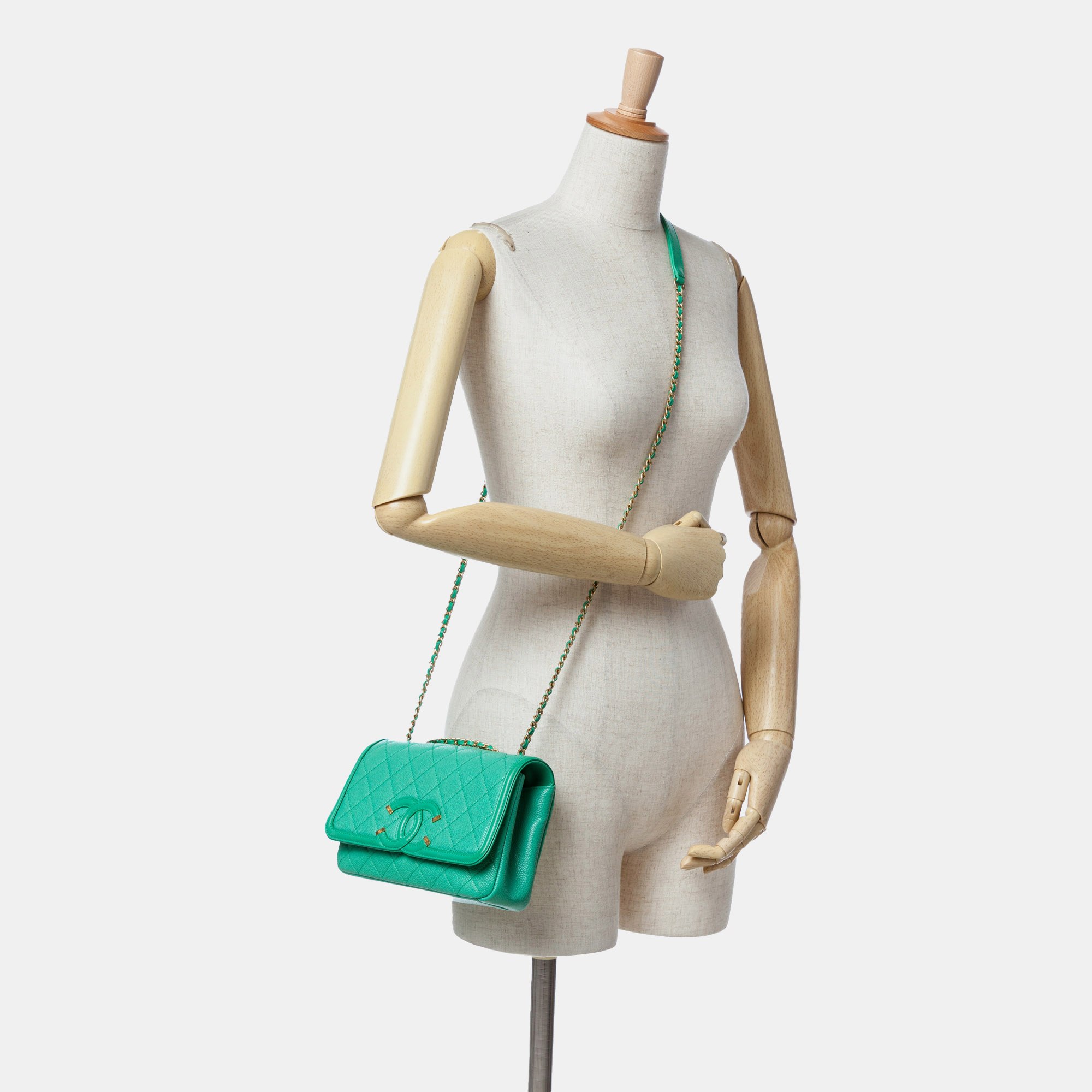 Chanel Green Small Caviar CC Filigree Flap 