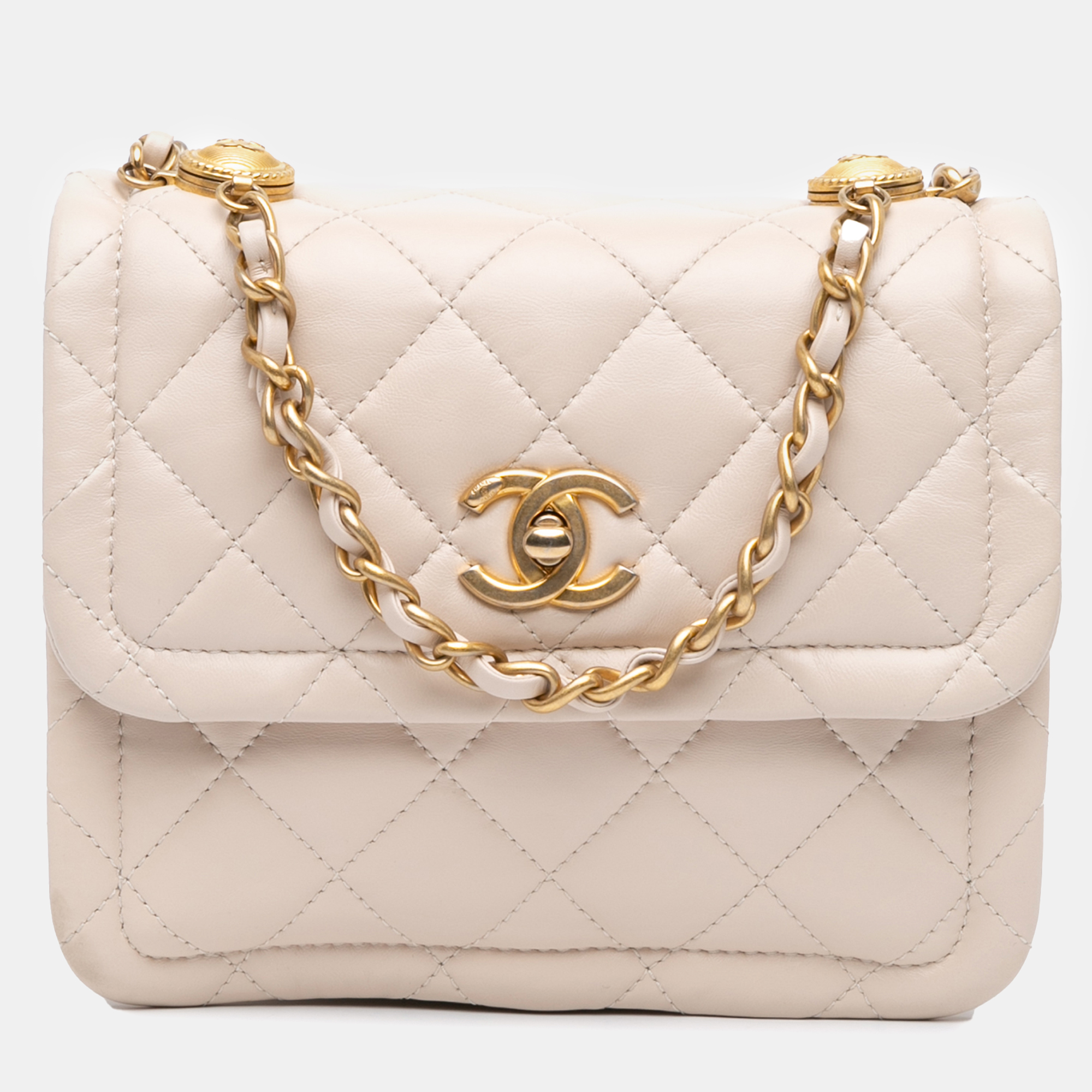 

Chanel Brown Small Lambskin Button On Top Flap