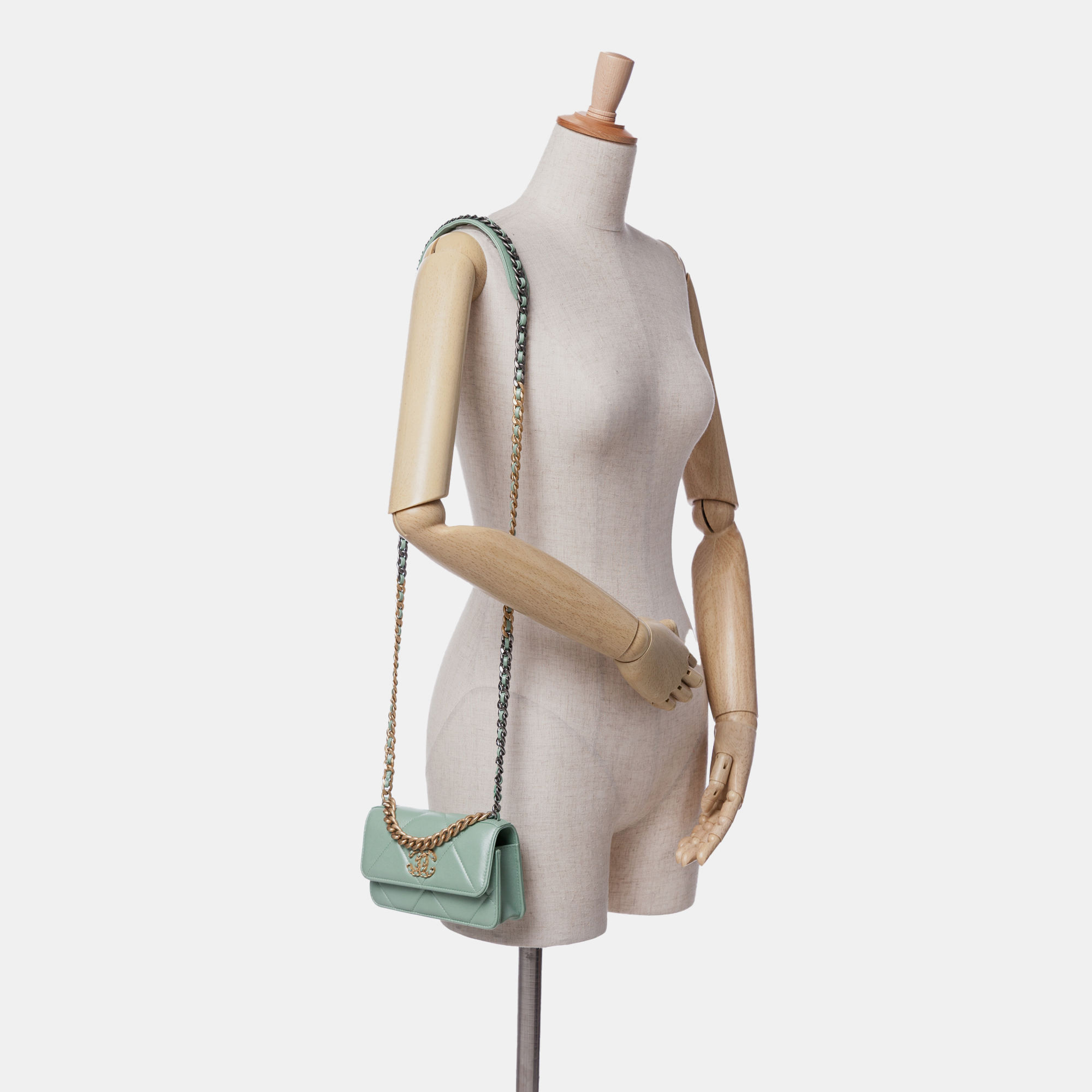 Chanel Green Lambskin 19 Clutch with Chain 