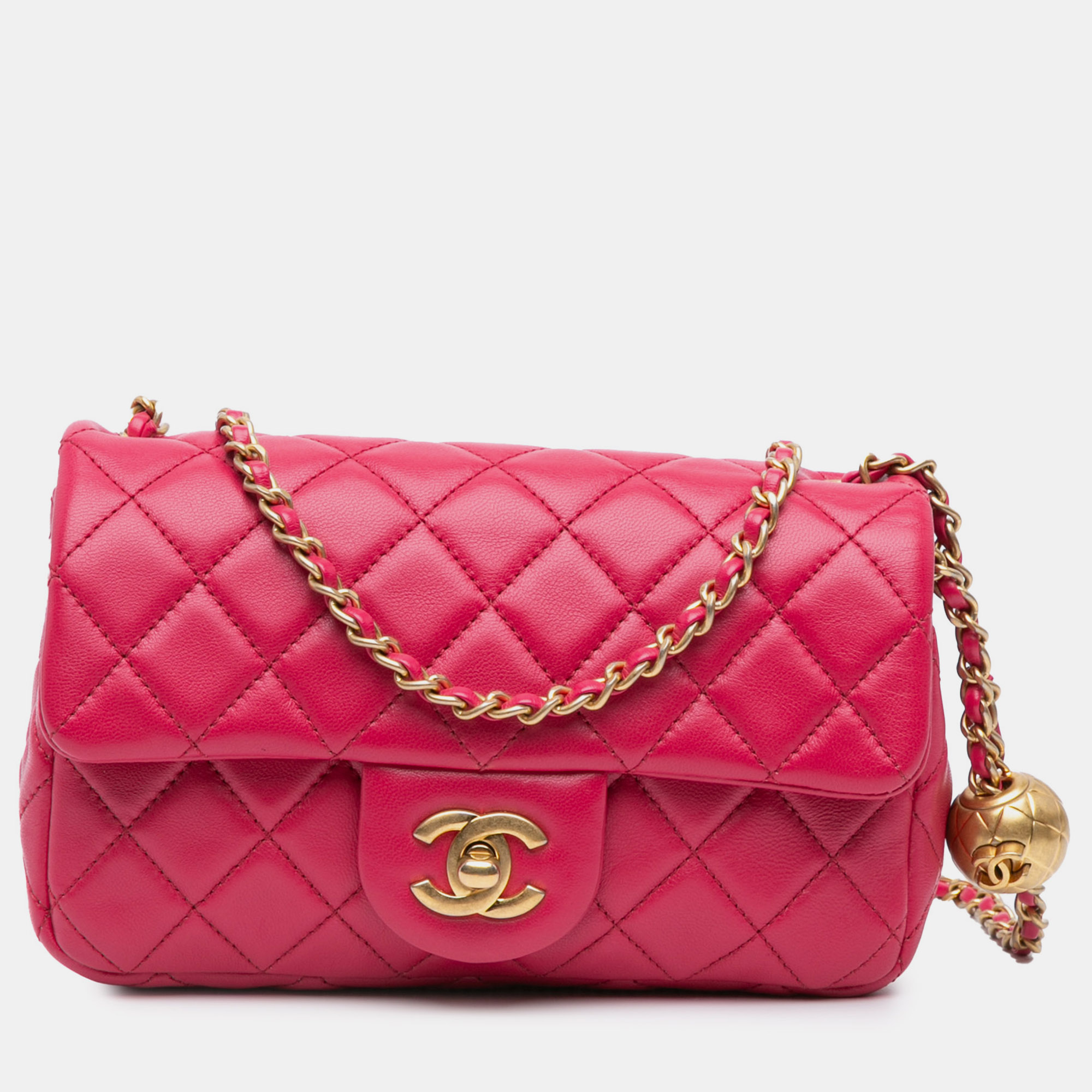 

Chanel Pink Lambskin Mini Rectangular Pearl Crush Flap Bag