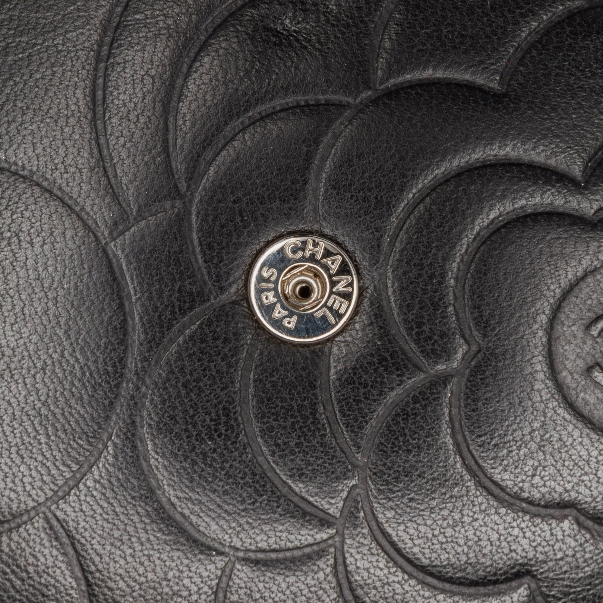 Chanel Black Lambskin Camellia Embossed Wallet On Chain 