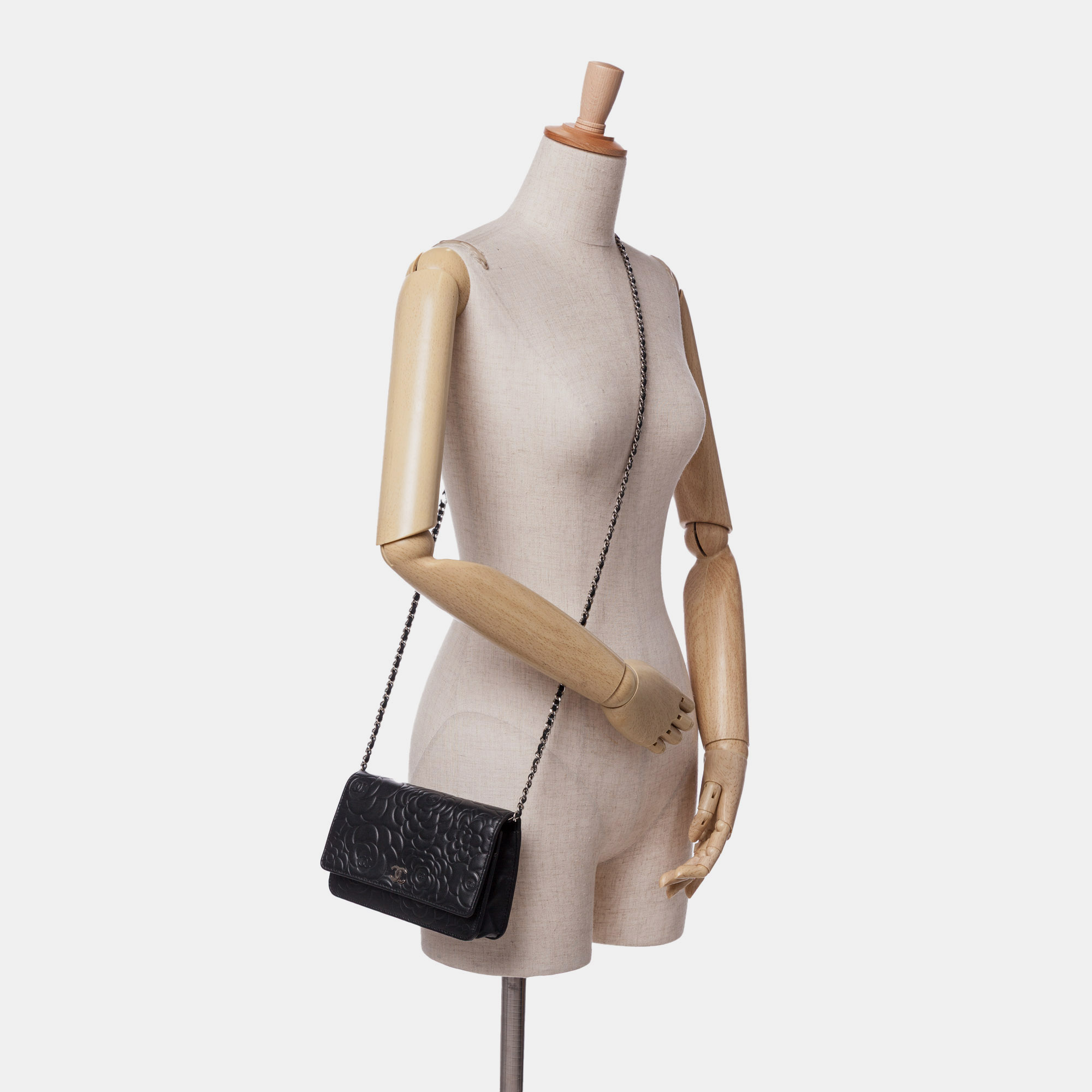 Chanel Black Lambskin Camellia Embossed Wallet On Chain 