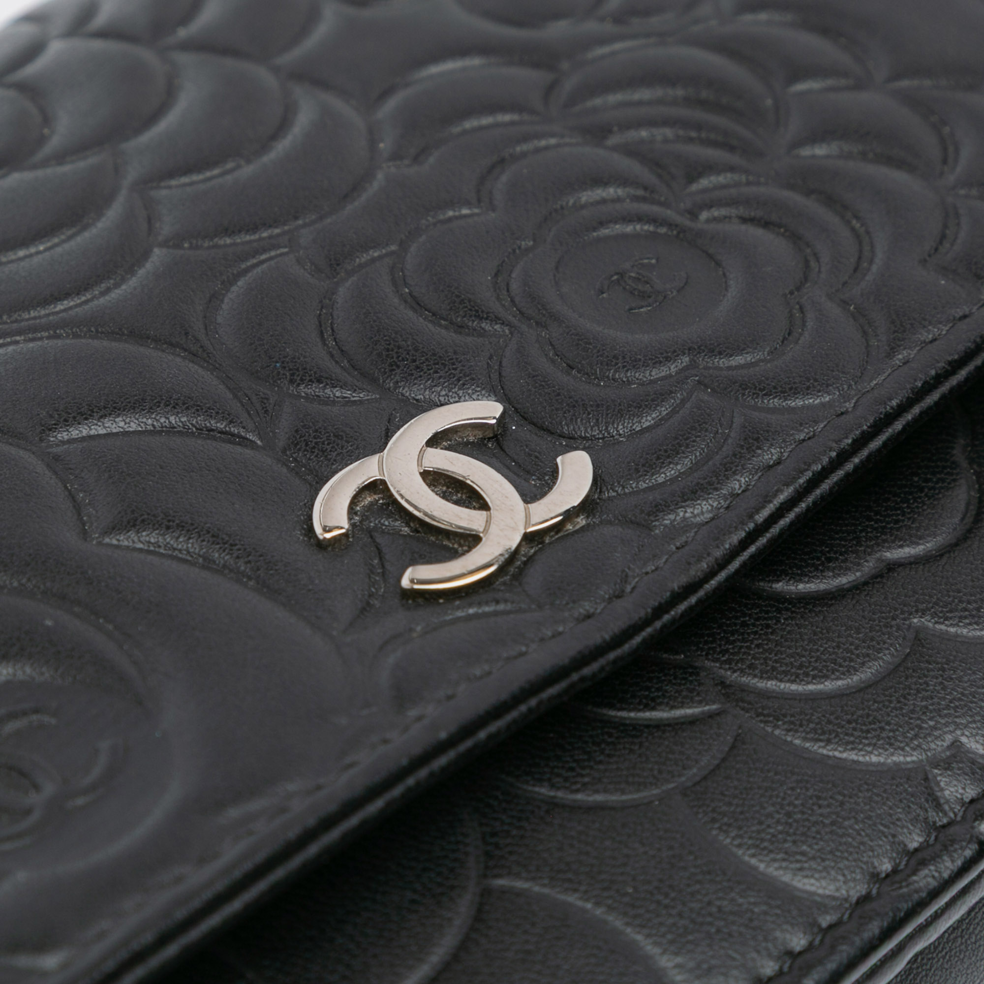 Chanel Black Lambskin Camellia Embossed Wallet On Chain 