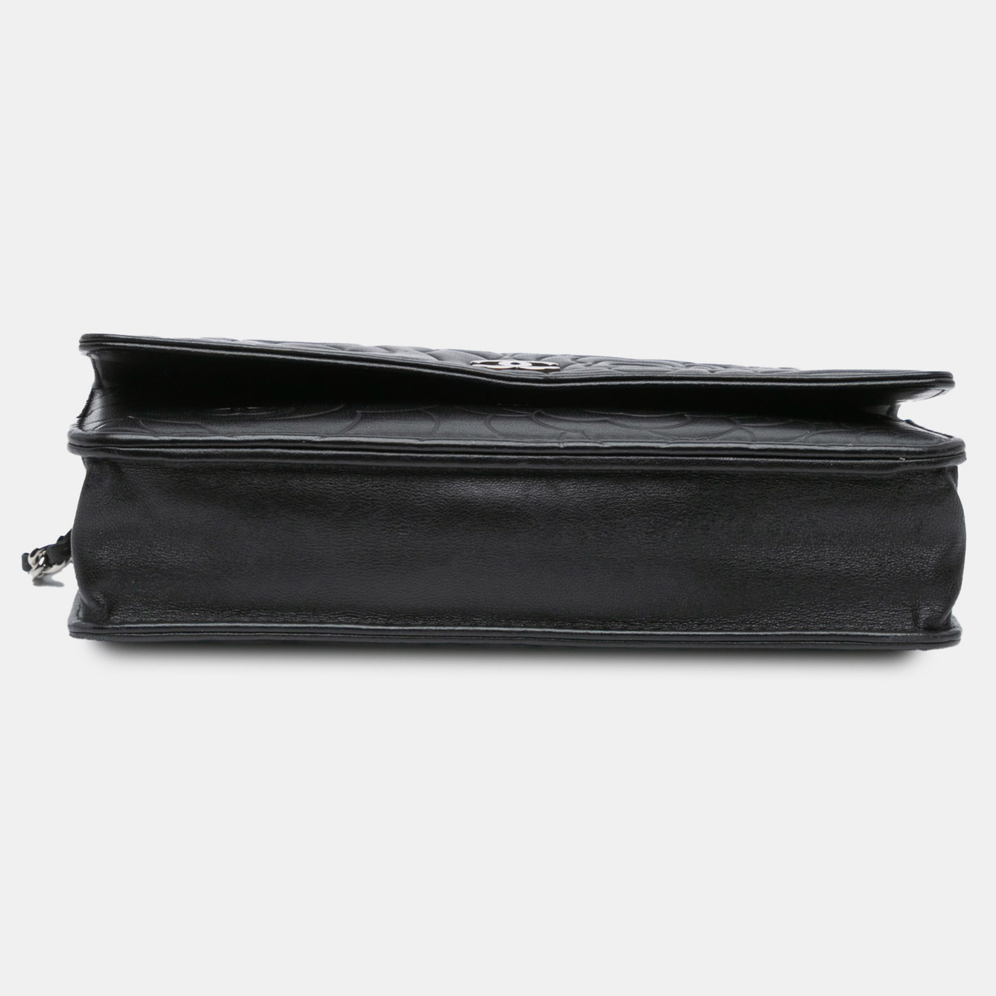 Chanel Black Lambskin Camellia Embossed Wallet On Chain 